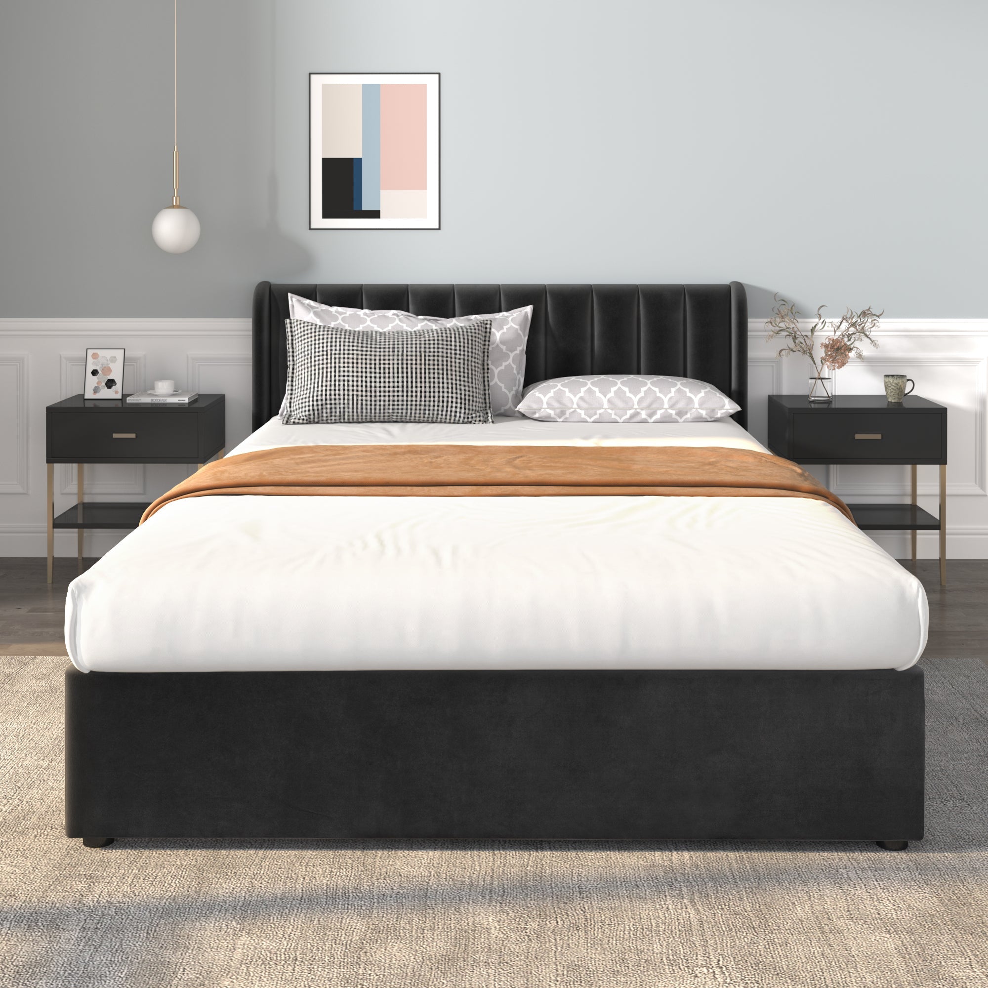 Logidon gestoffeerd bed fluweel 140x200 cm zwart met lattenbodem lades