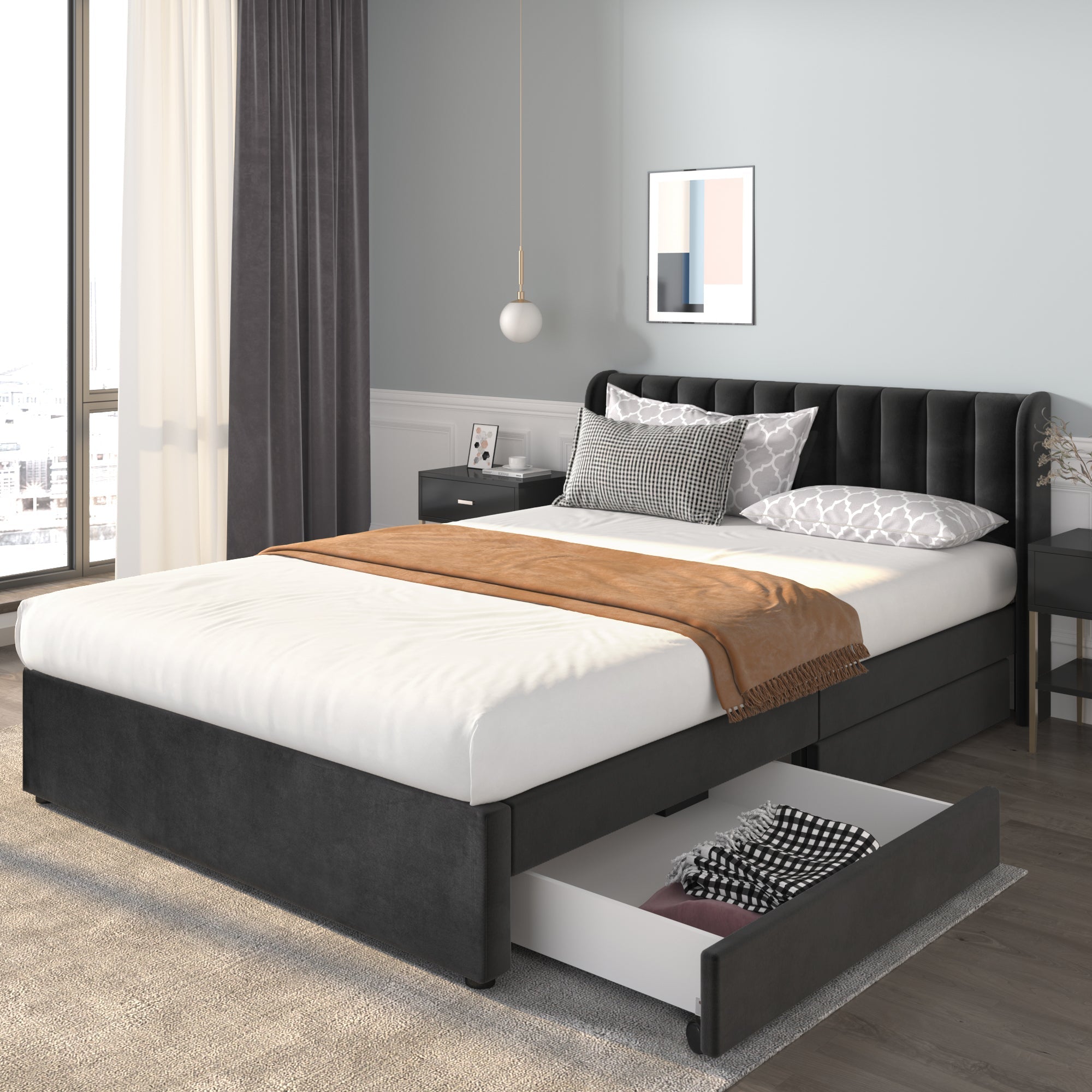 Logidon gestoffeerd bed fluweel 140x200 cm zwart met lattenbodem lades