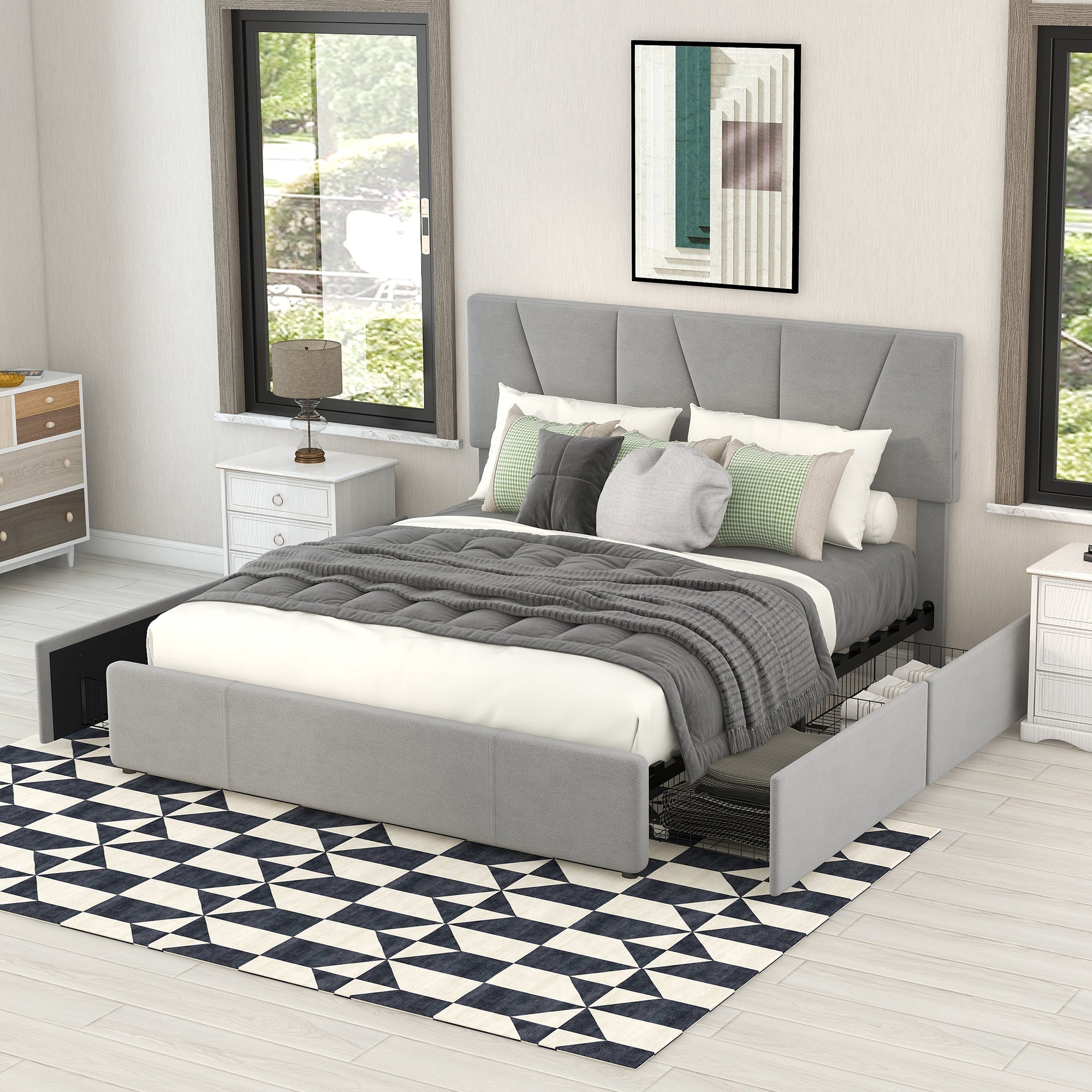 Logidon gestoffeerd bed grijs 140x200 met 4 lades verstelbaar hoofdeinde