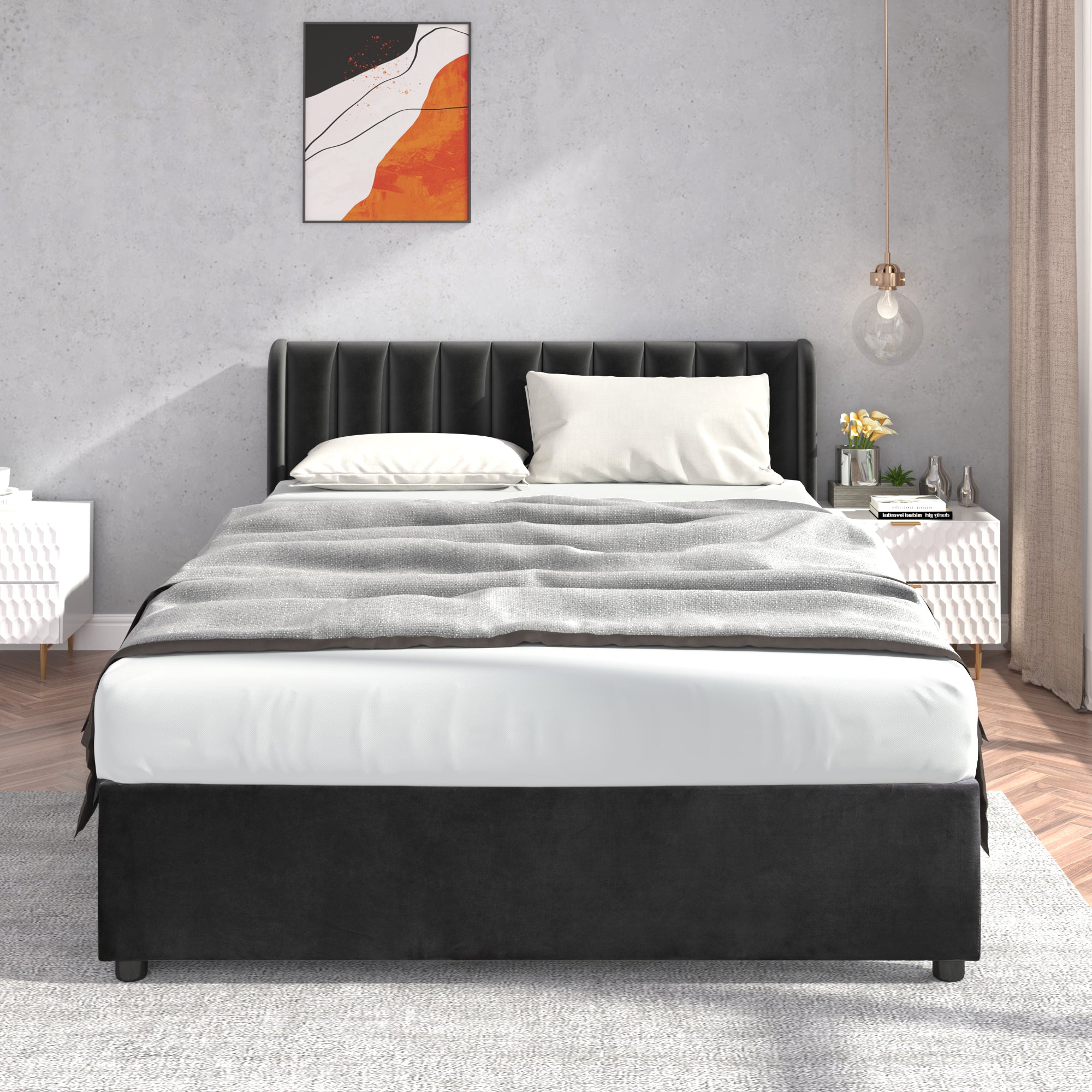Logidon gestoffeerd bed fluweel 140x200 cm zwart met lattenbodem lades