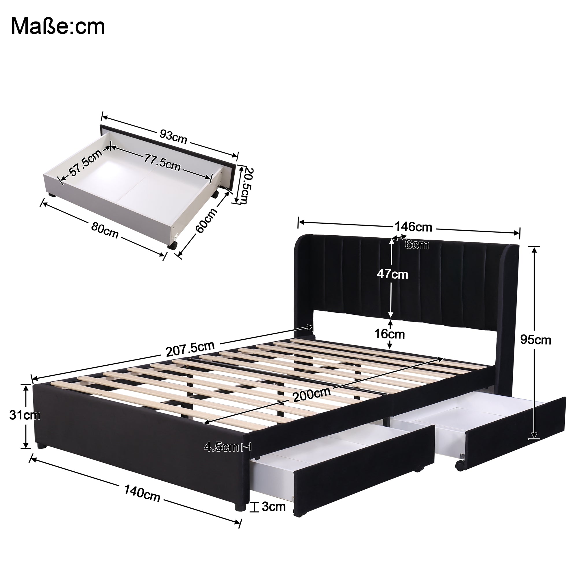 Logidon gestoffeerd bed fluweel 140x200 cm zwart met lattenbodem lades