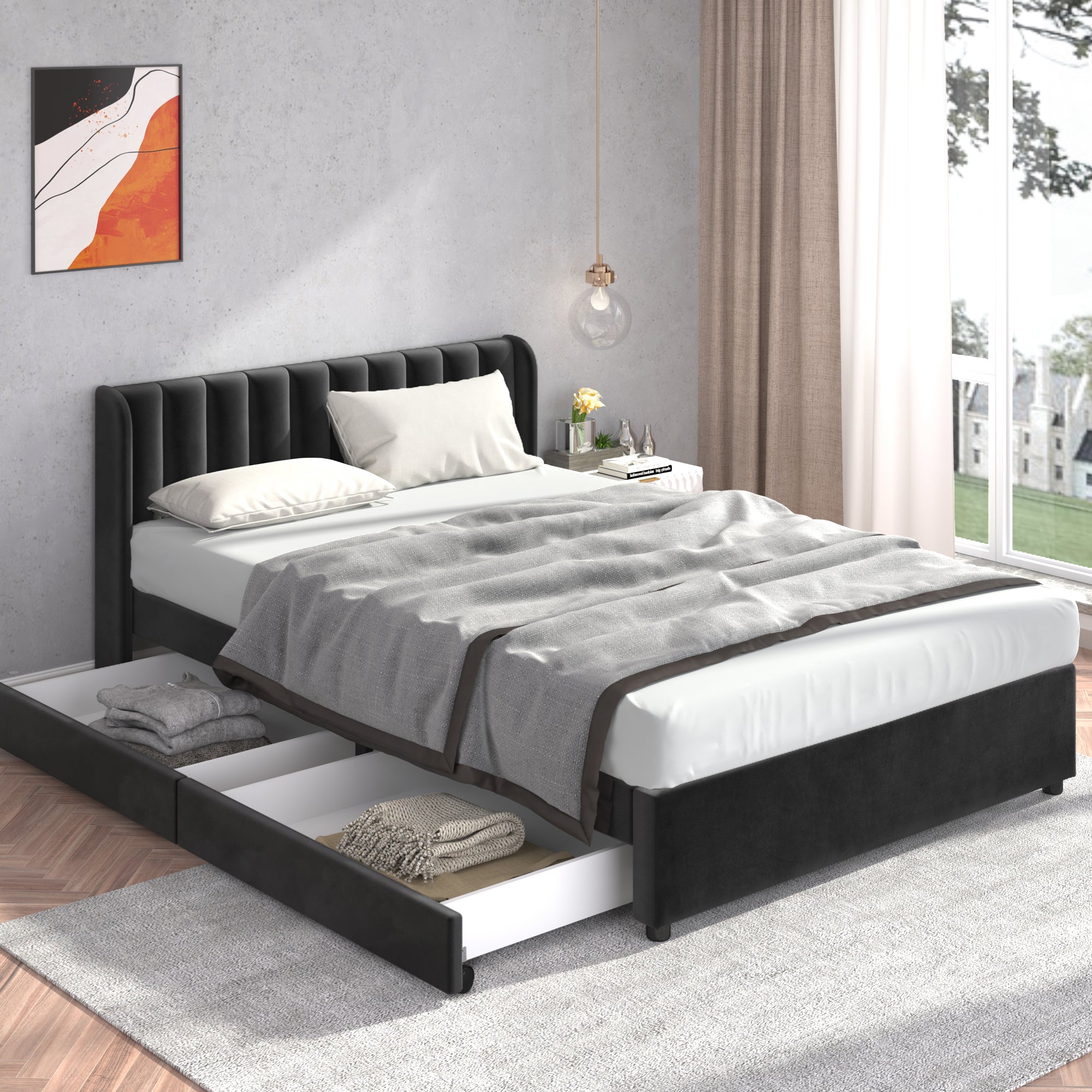 Logidon gestoffeerd bed fluweel 140x200 cm zwart met lattenbodem lades