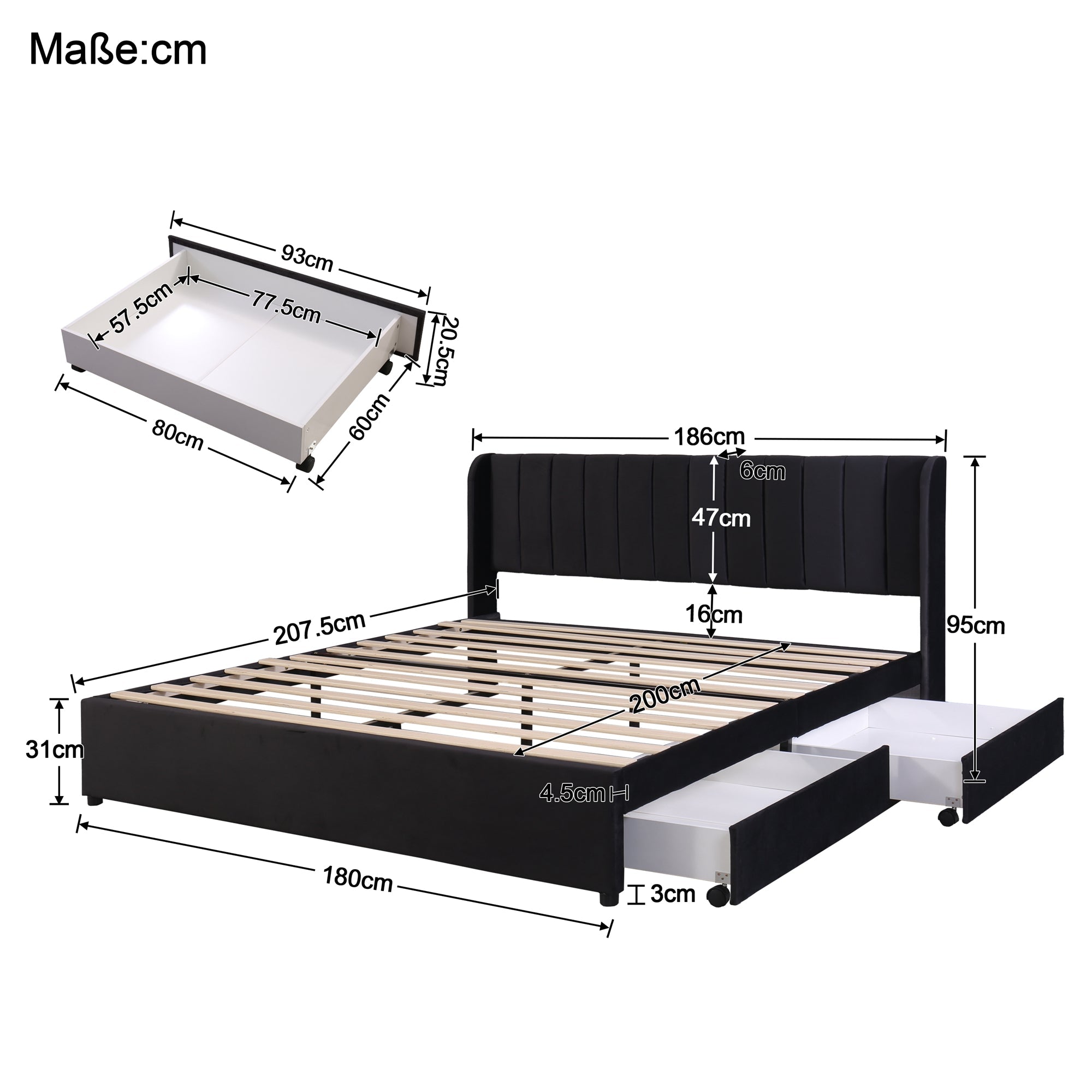 Logidon gestoffeerd bed 180x200 cm fluweel met lattenbodem 2 lades zwart