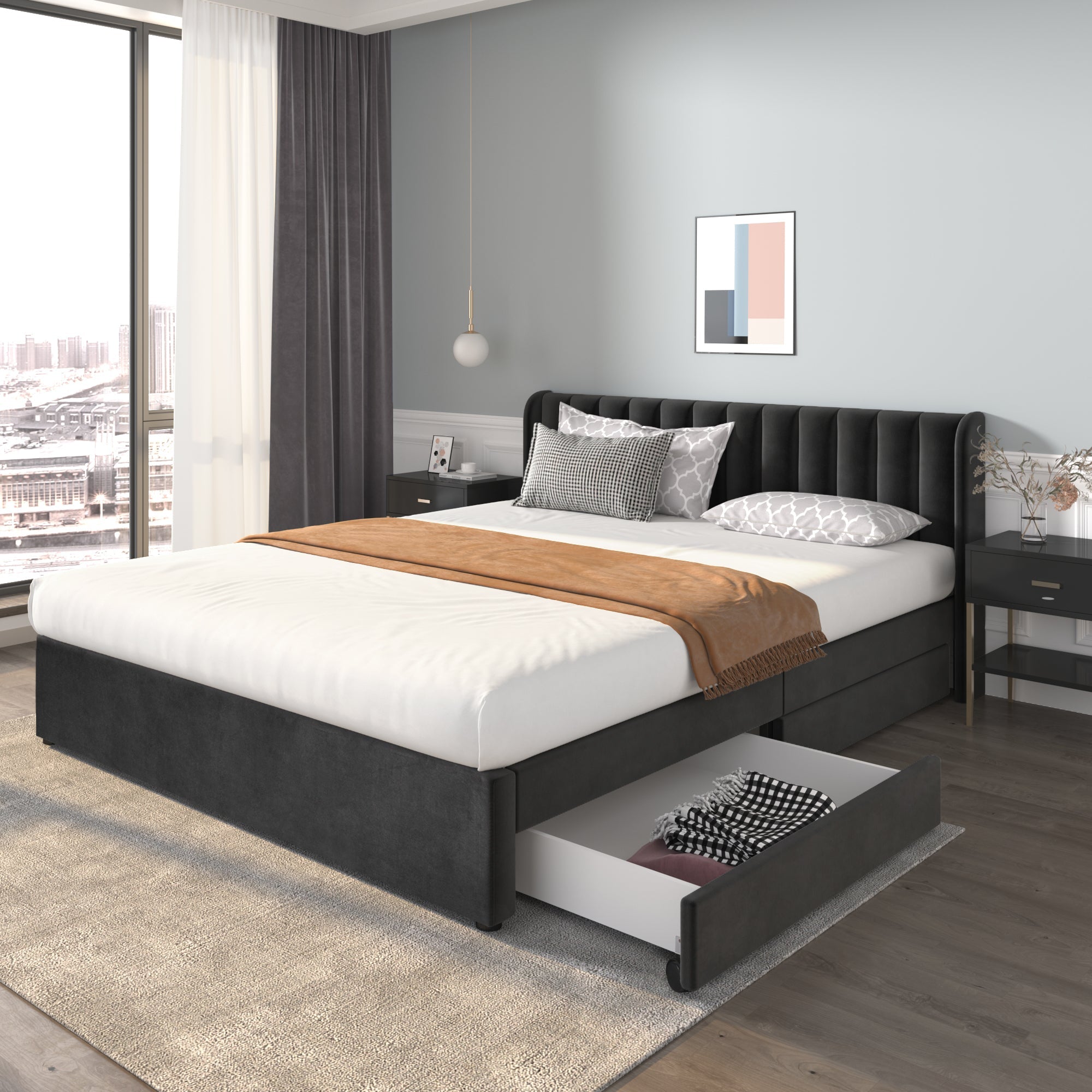Logidon gestoffeerd bed 180x200 cm fluweel met lattenbodem 2 lades zwart