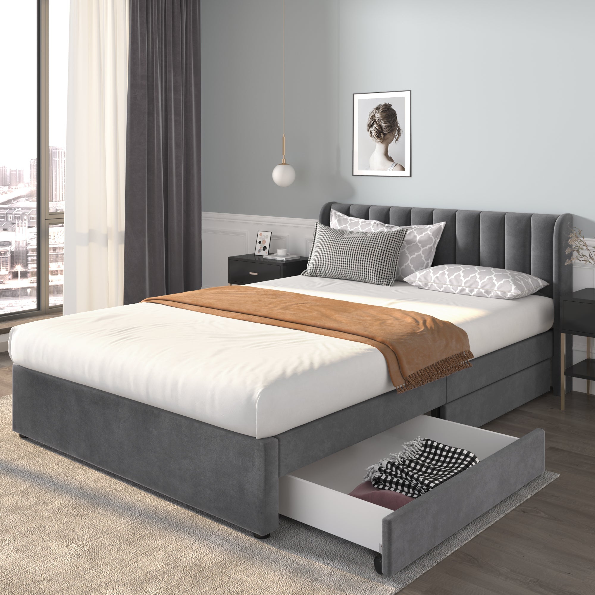 Logidon gestoffeerd bed 140x200 cm fluweelgrijs lattenbodem en 2 lades