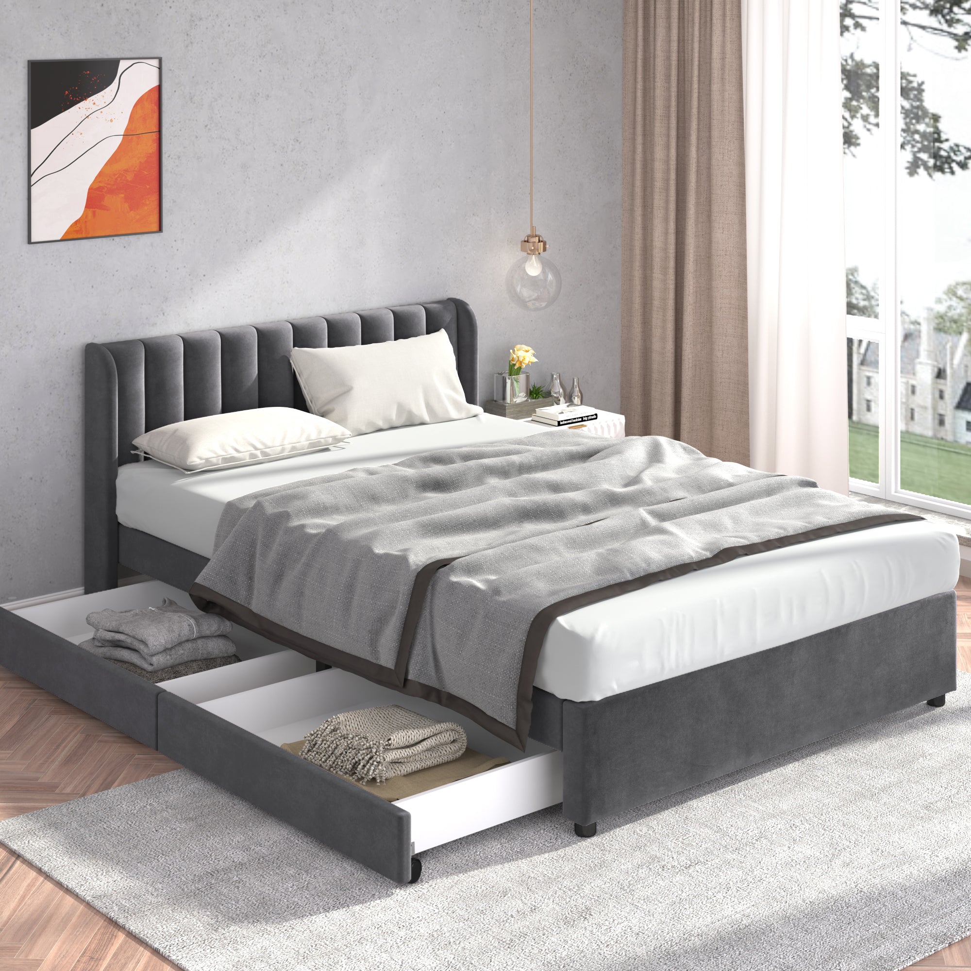 Logidon gestoffeerd bed 140x200 cm fluweelgrijs lattenbodem en 2 lades