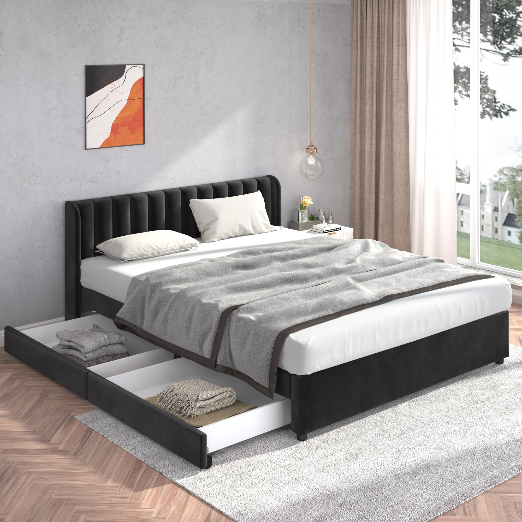 Logidon gestoffeerd bed 180x200 cm fluweel met lattenbodem 2 lades zwart
