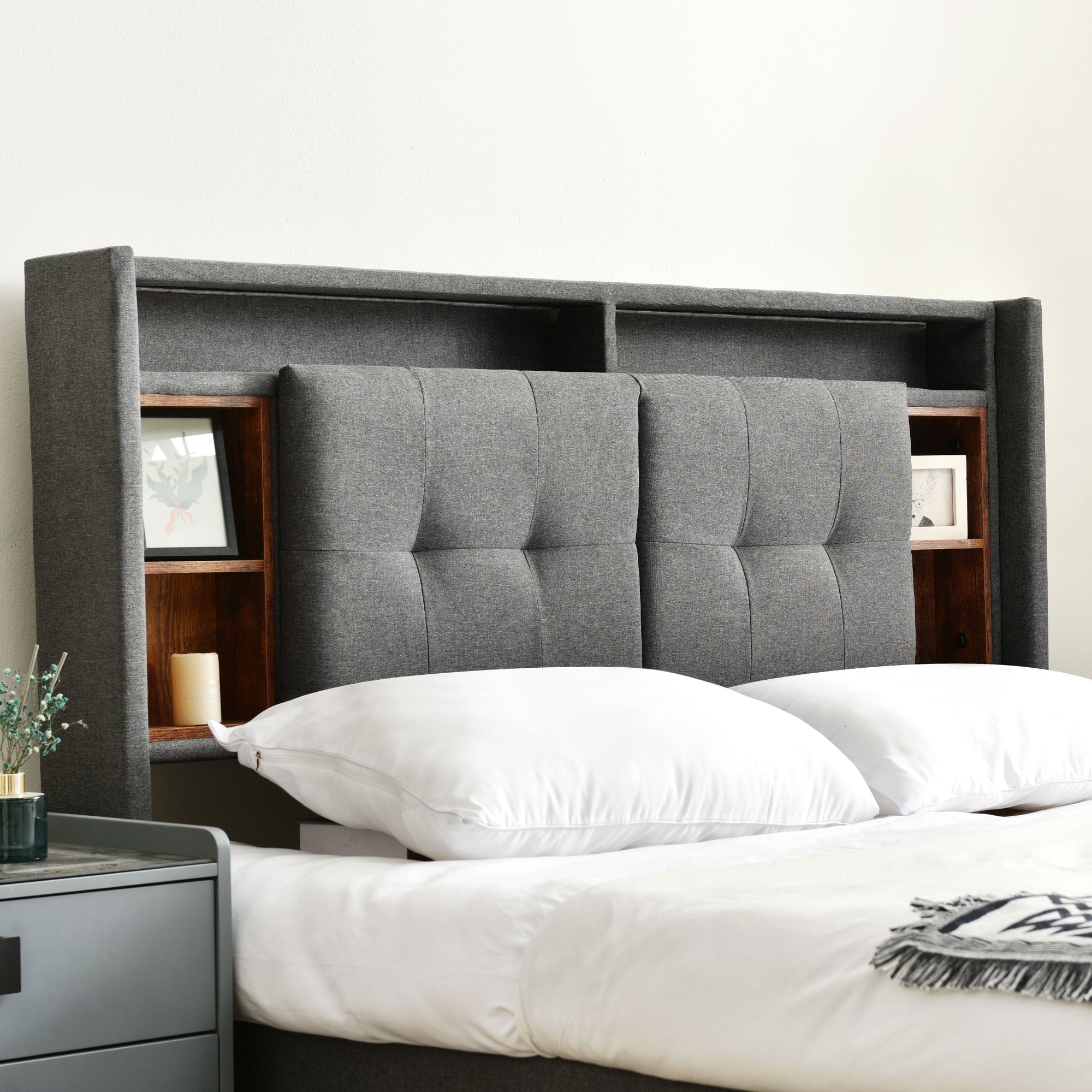Logidon upholstered bed 160x200 gray double bed storage space headboard USB LED