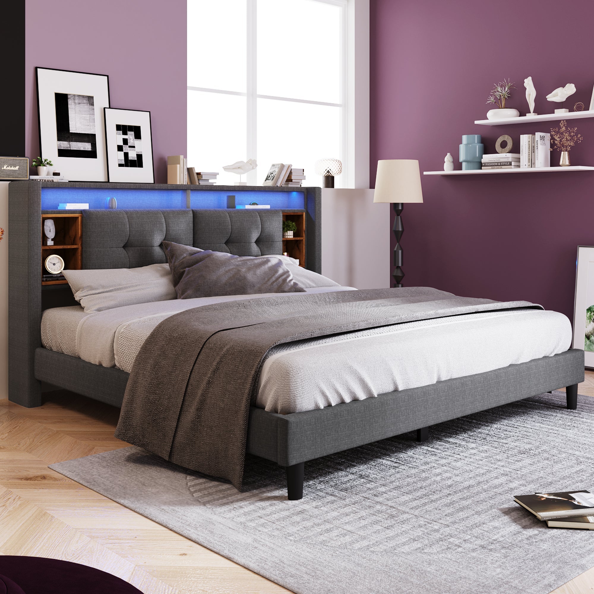 Logidon upholstered bed 160x200 gray double bed storage space headboard USB LED