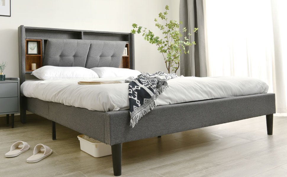 Logidon gestoffeerd bed tweepersoonsbed opbergruimte hoofdbord USB LED grijs 140x200