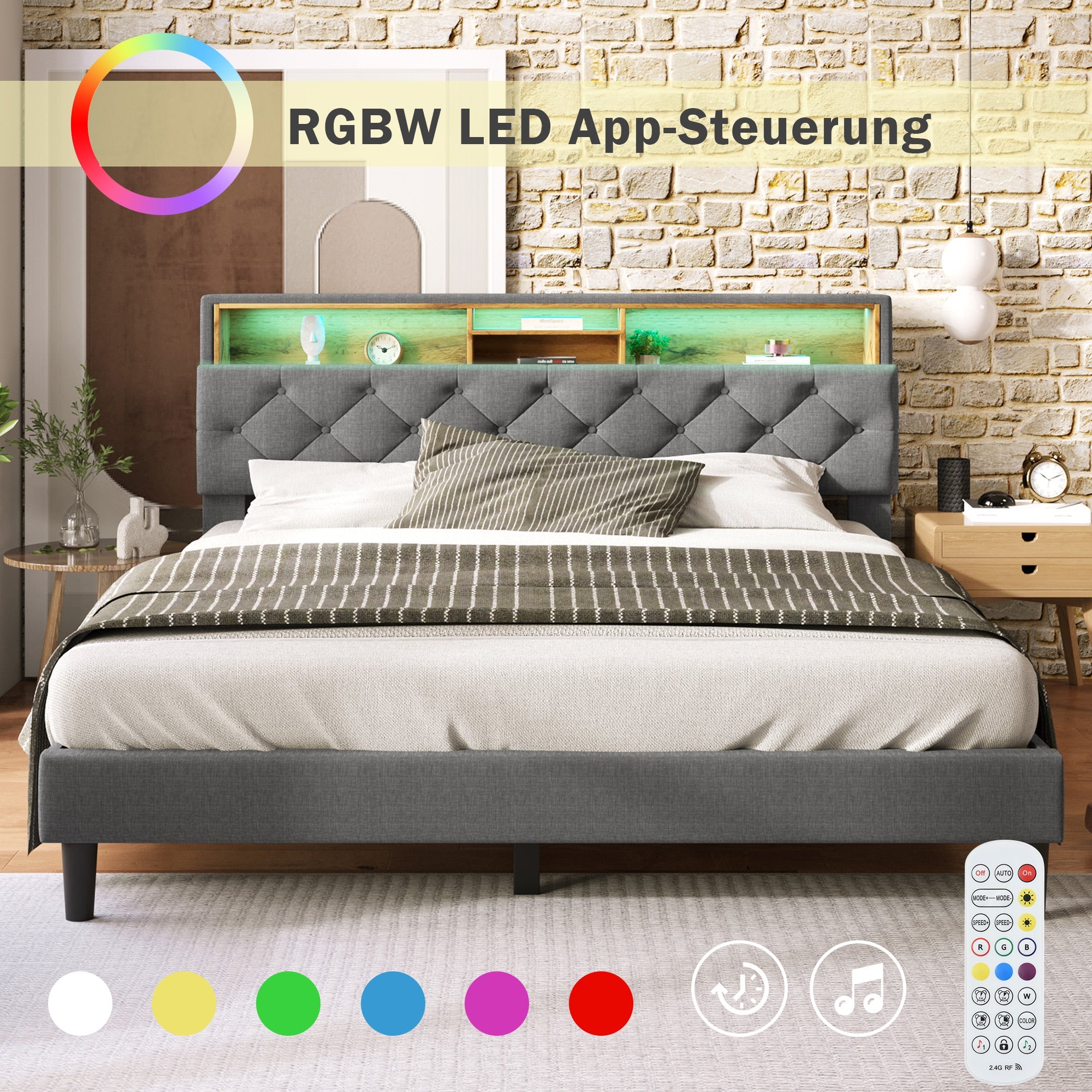 Logidon upholstered bed double bed with storage space headboard LED gray 140x200