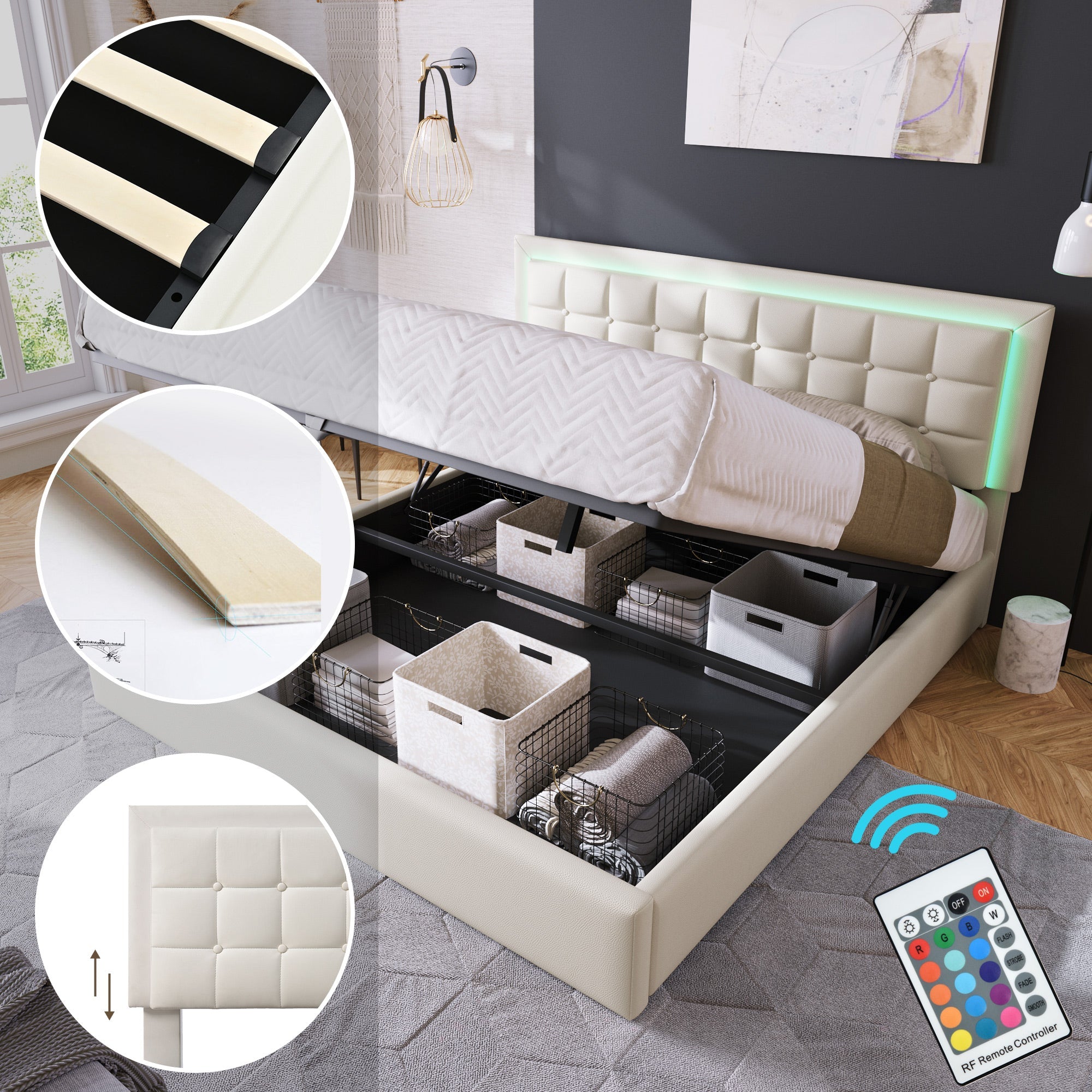 Logidon gestoffeerd bed met lattenbodem en opbergruimte wit 180x200 kunstleer