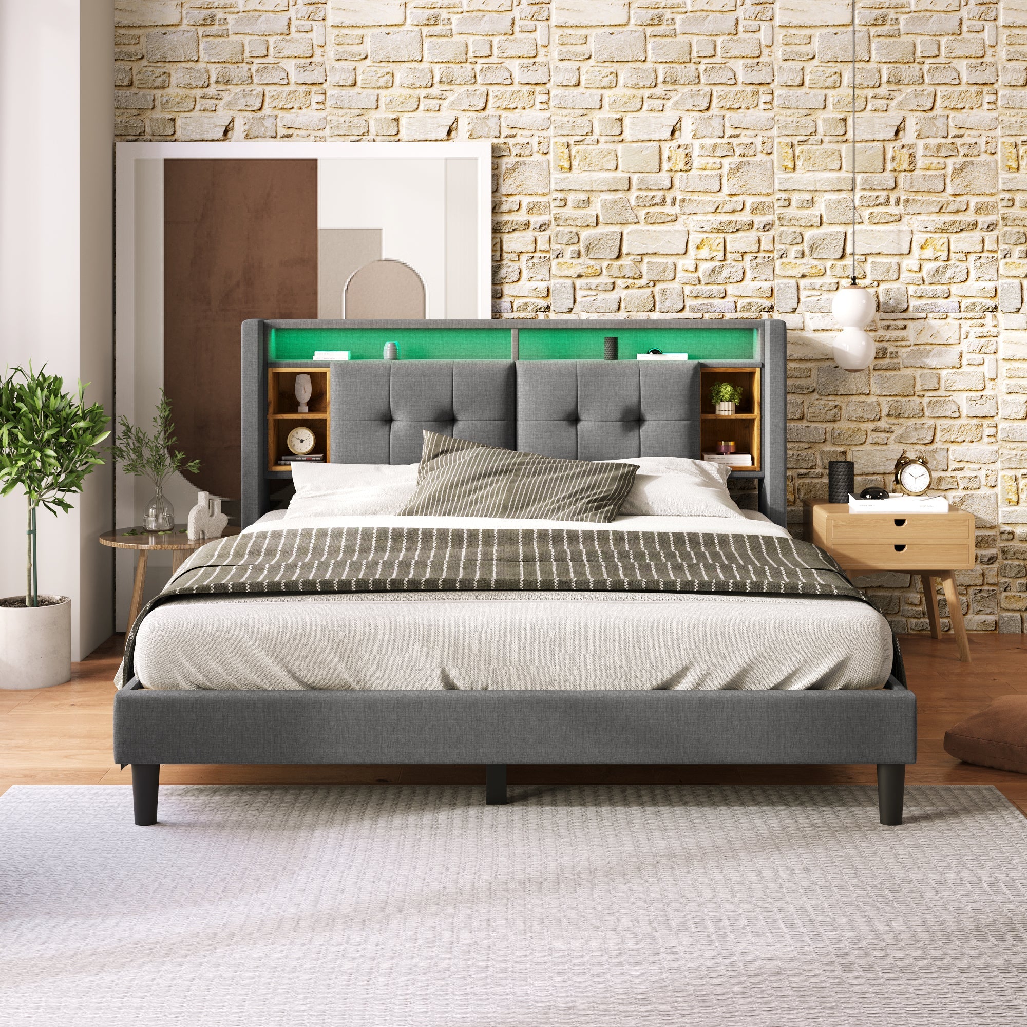 Logidon gestoffeerd bed tweepersoonsbed opbergruimte hoofdbord USB LED grijs 140x200