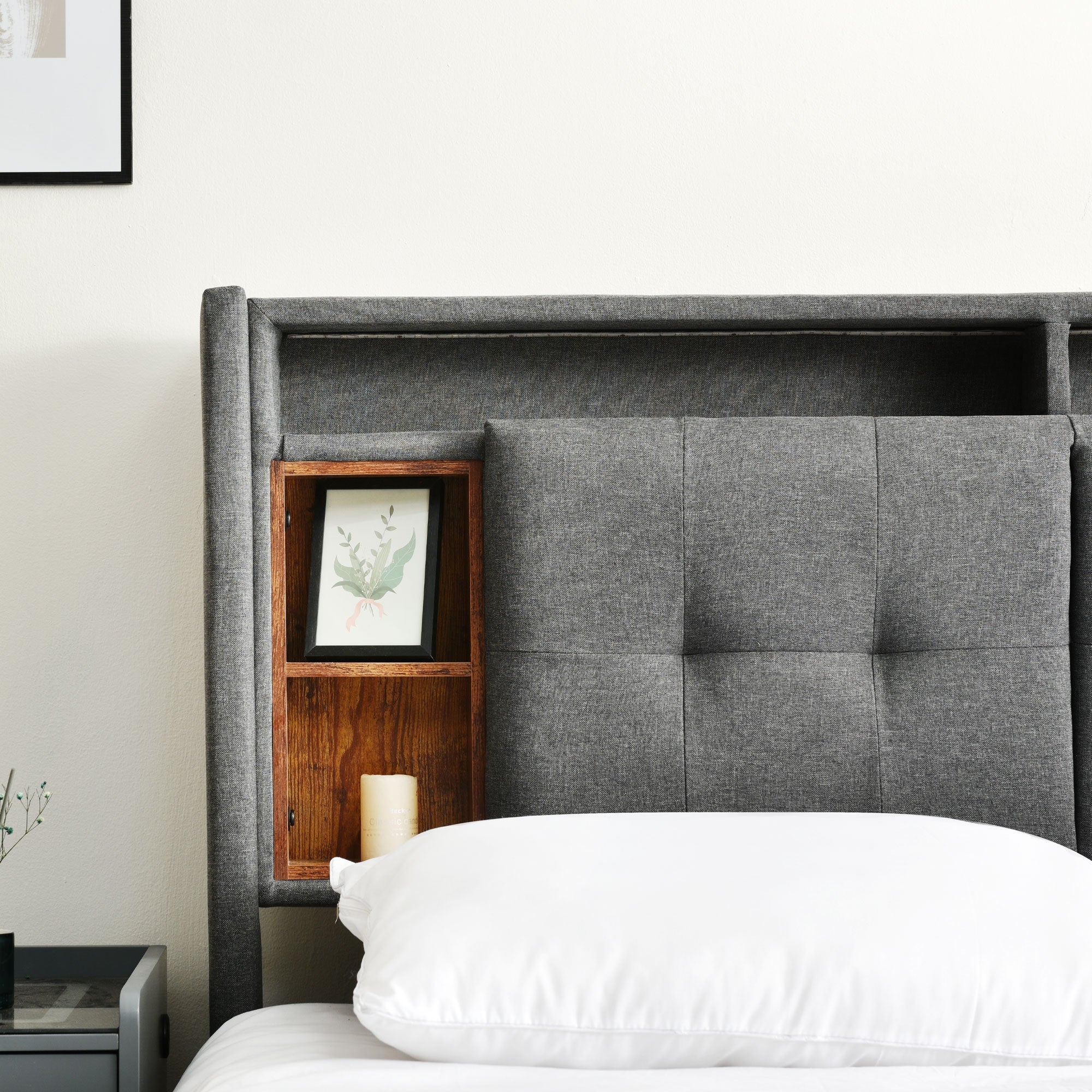 Logidon gestoffeerd bed tweepersoonsbed opbergruimte hoofdbord USB LED grijs 140x200