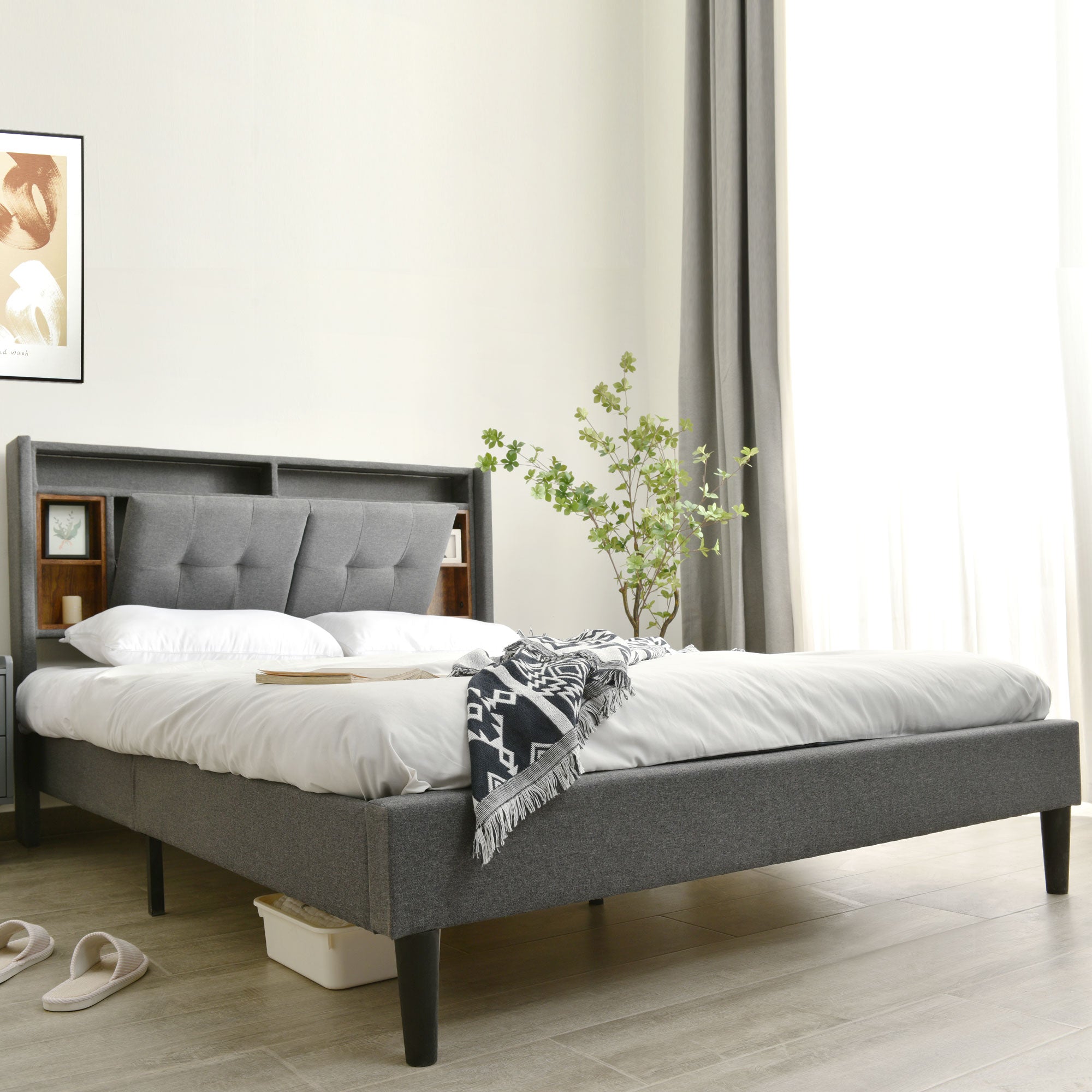 Logidon gestoffeerd bed tweepersoonsbed opbergruimte hoofdbord USB LED grijs 140x200
