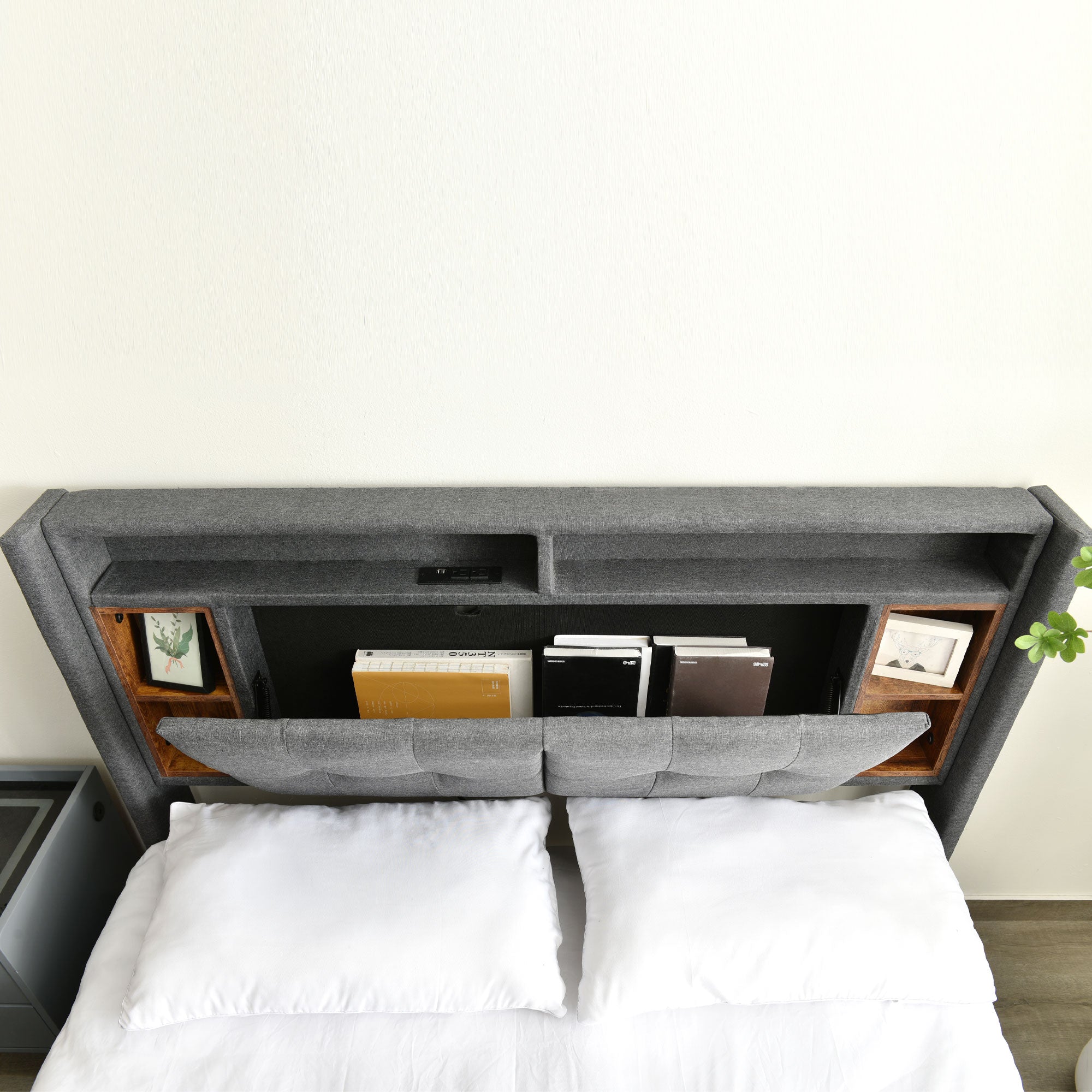 Logidon gestoffeerd bed tweepersoonsbed opbergruimte hoofdbord USB LED grijs 140x200