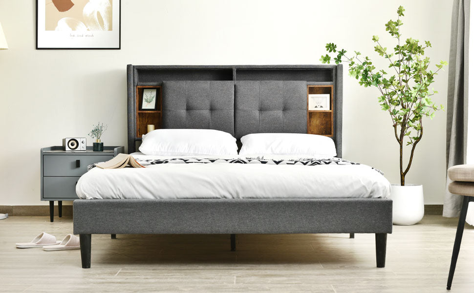 Logidon gestoffeerd bed tweepersoonsbed opbergruimte hoofdbord USB LED grijs 140x200