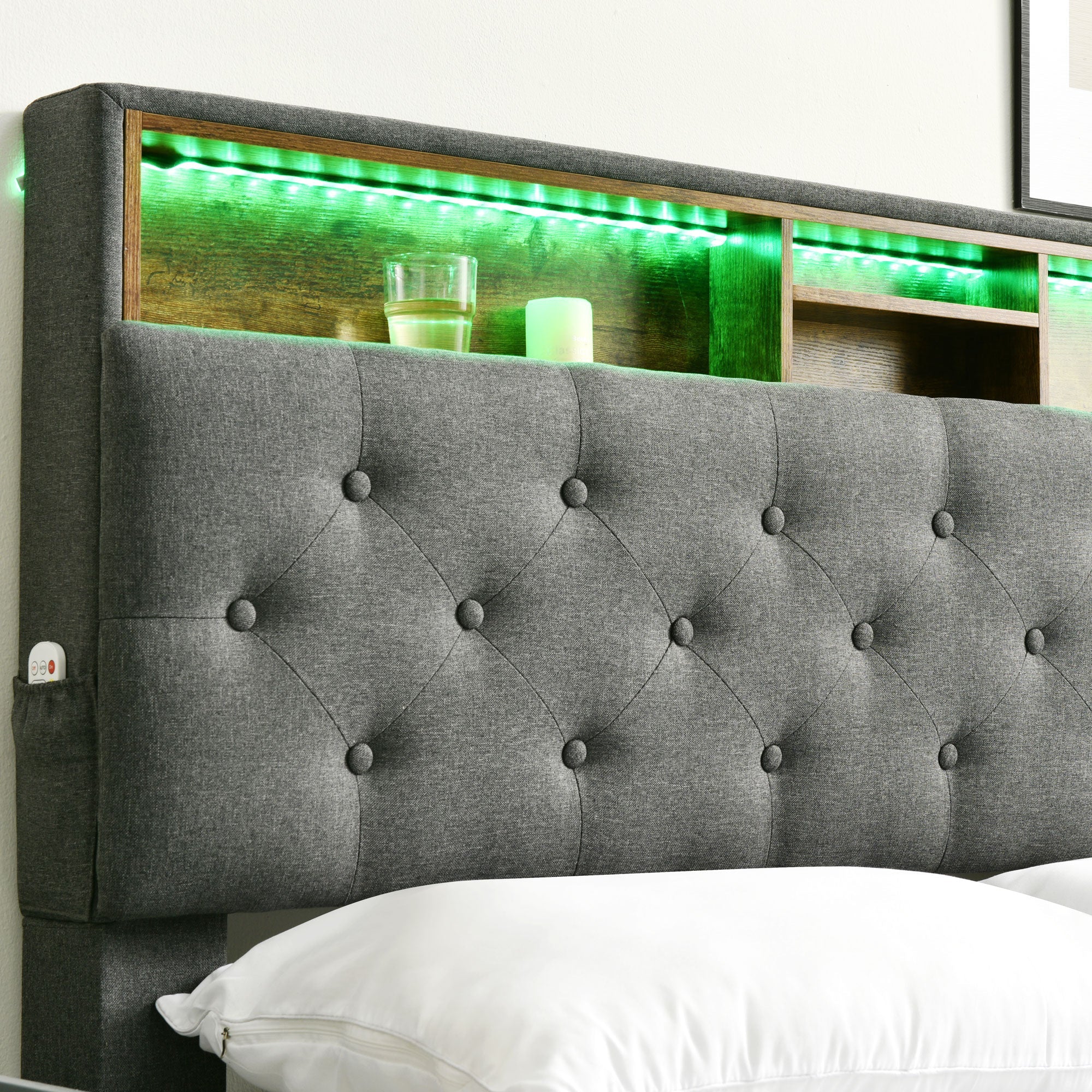 Logidon gestoffeerd tweepersoonsbed met opbergruimte hoofdbord LED grijs 140x200