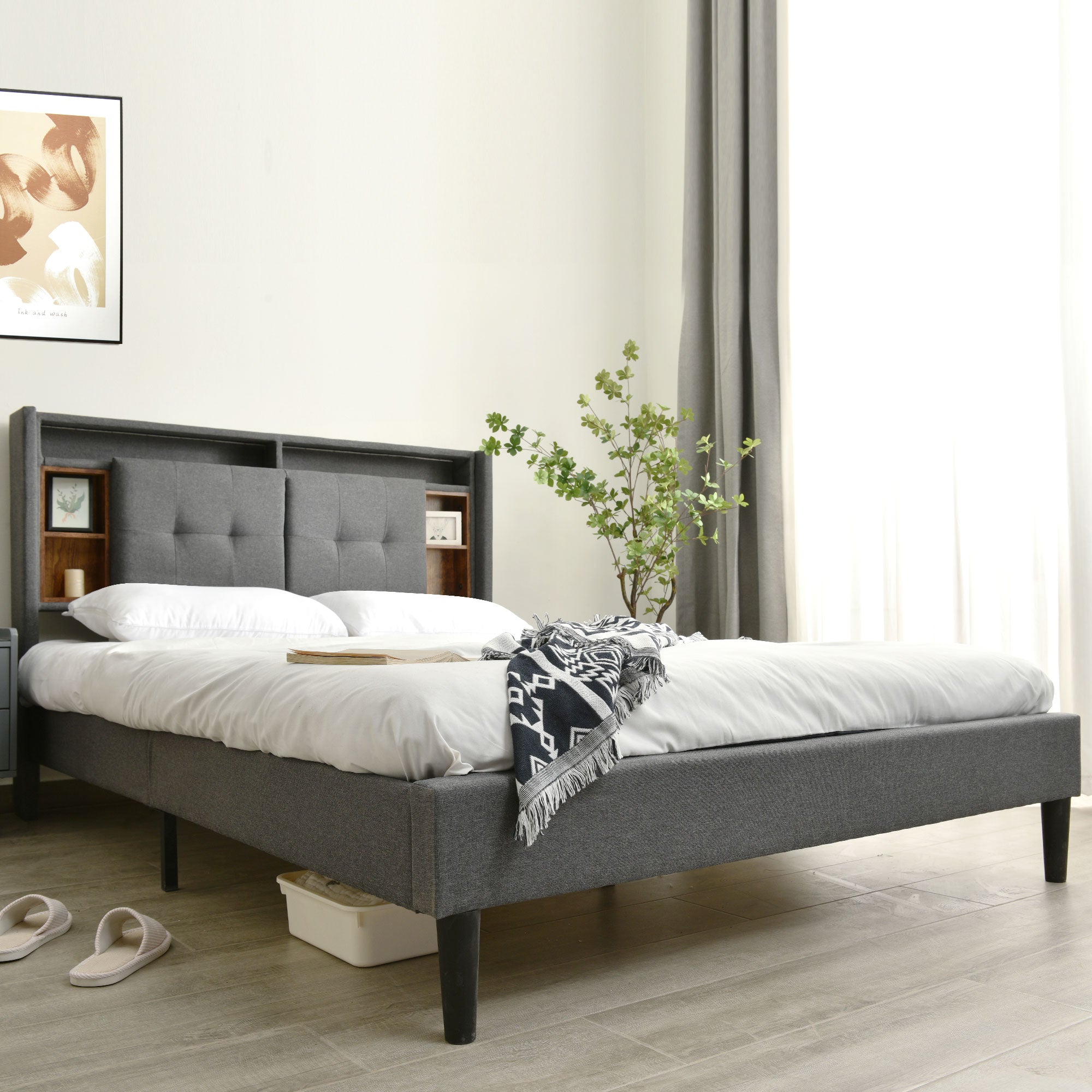 Logidon gestoffeerd bed tweepersoonsbed opbergruimte hoofdbord USB LED grijs 140x200