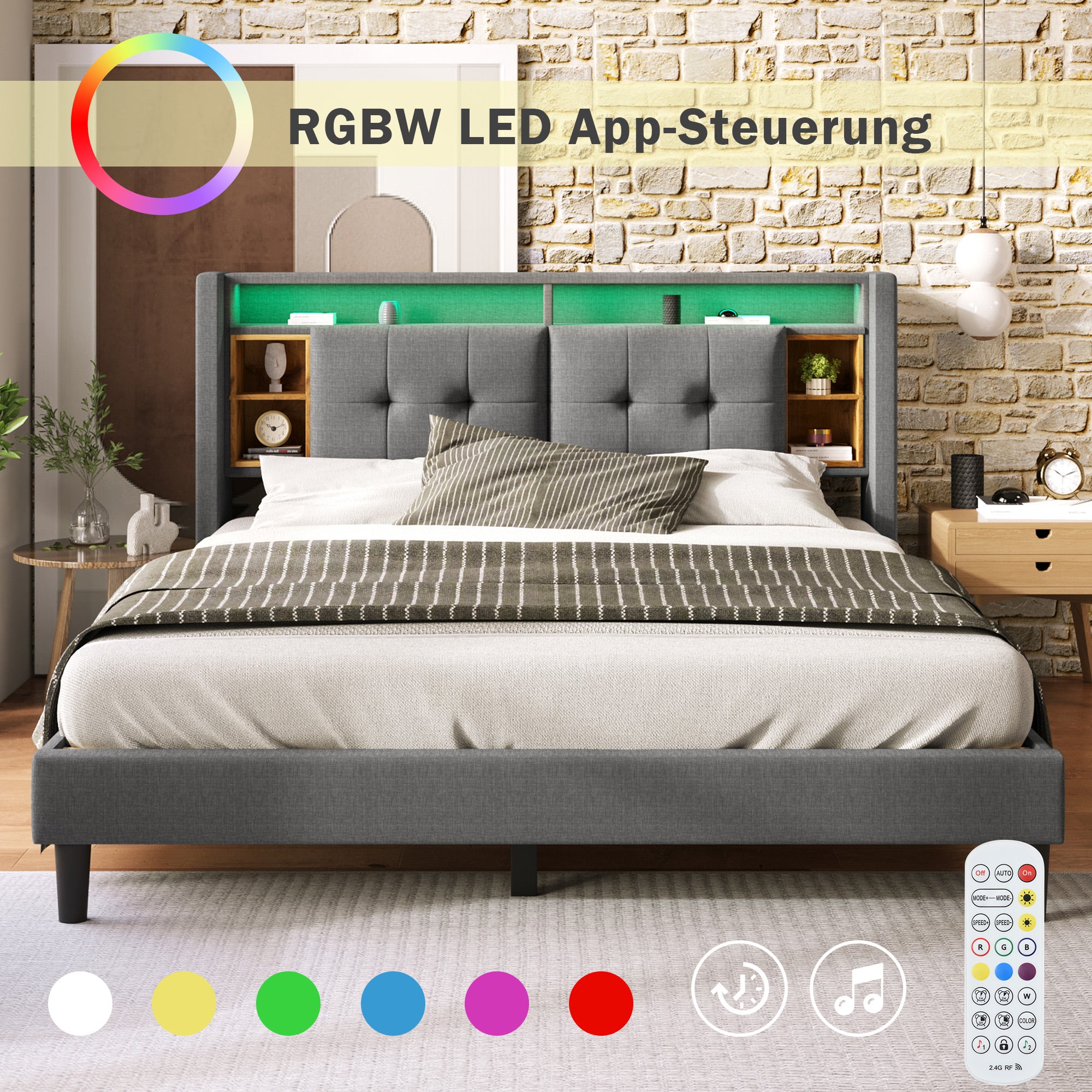 Logidon gestoffeerd bed tweepersoonsbed opbergruimte hoofdbord USB LED grijs 140x200