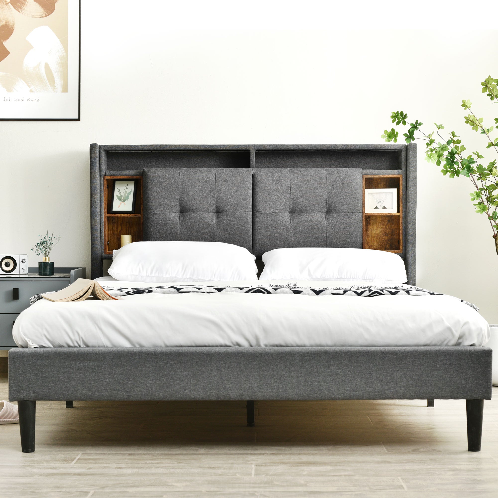 Logidon upholstered bed 160x200 gray double bed storage space headboard USB LED