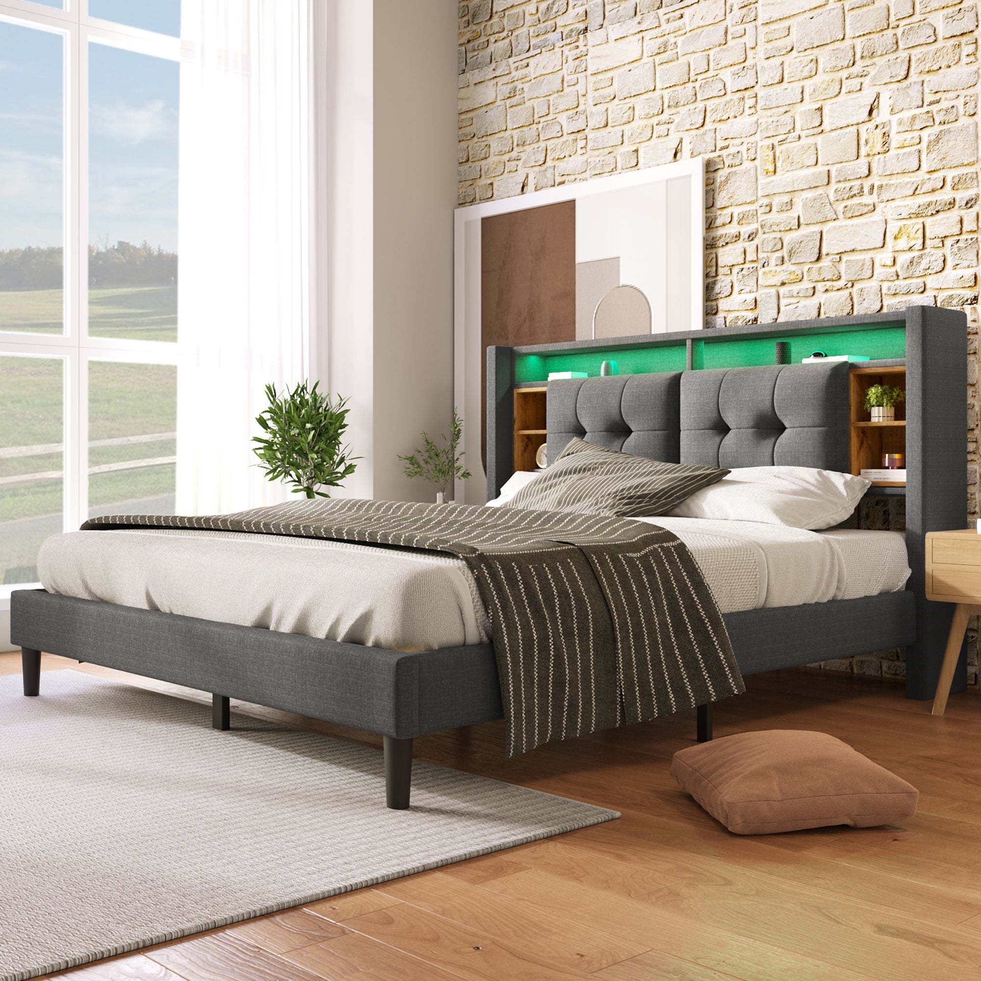 Logidon gestoffeerd bed tweepersoonsbed opbergruimte hoofdbord USB LED grijs 140x200