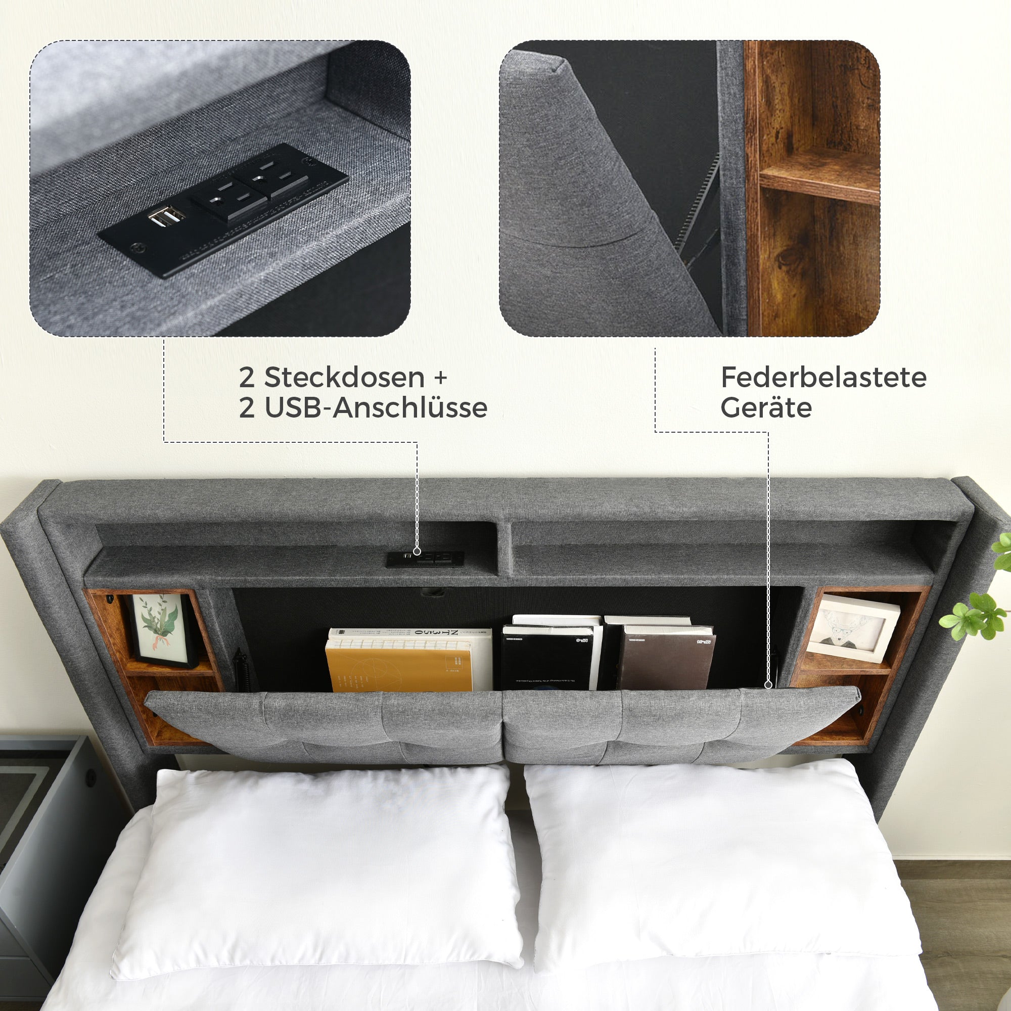 Logidon upholstered bed 160x200 gray double bed storage space headboard USB LED