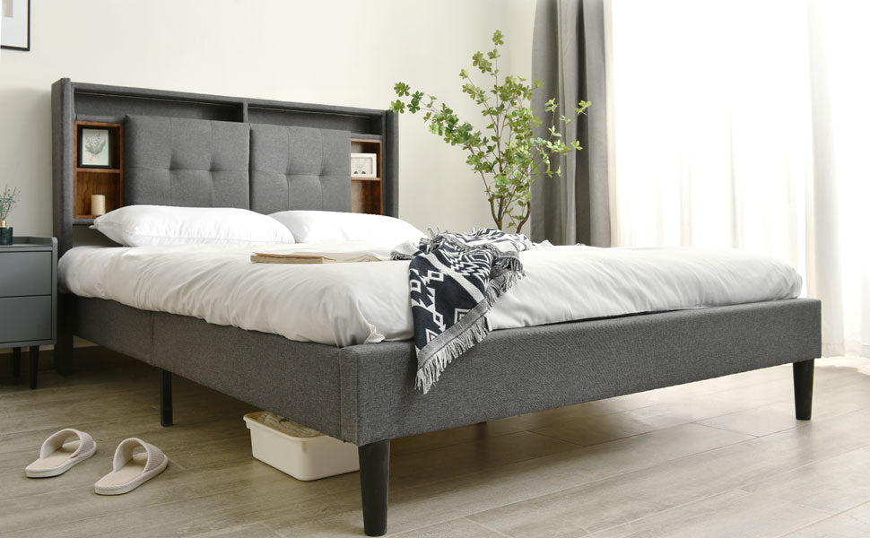 Logidon gestoffeerd bed tweepersoonsbed opbergruimte hoofdbord USB LED grijs 140x200