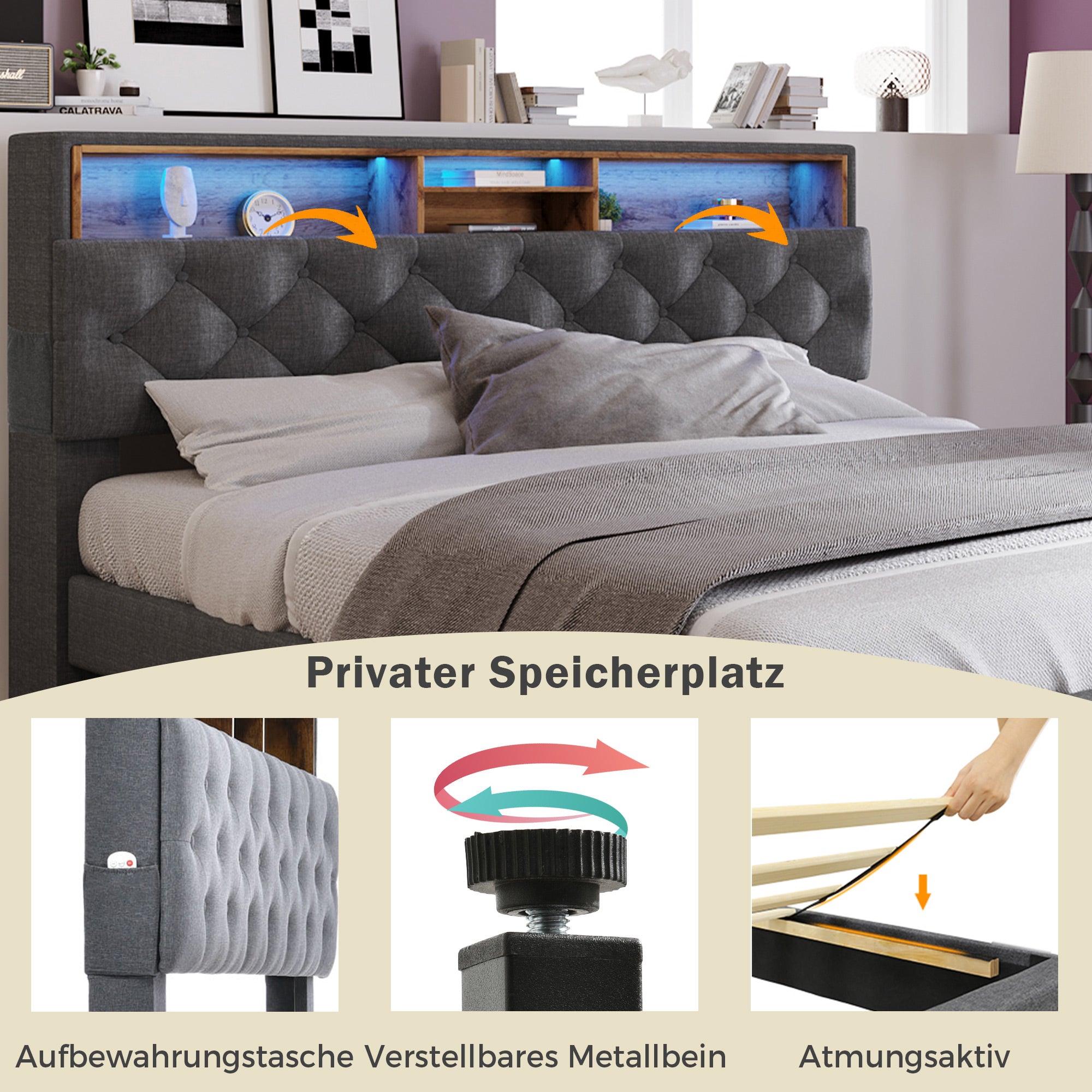 Logidon gestoffeerd tweepersoonsbed met opbergruimte hoofdbord LED grijs 140x200