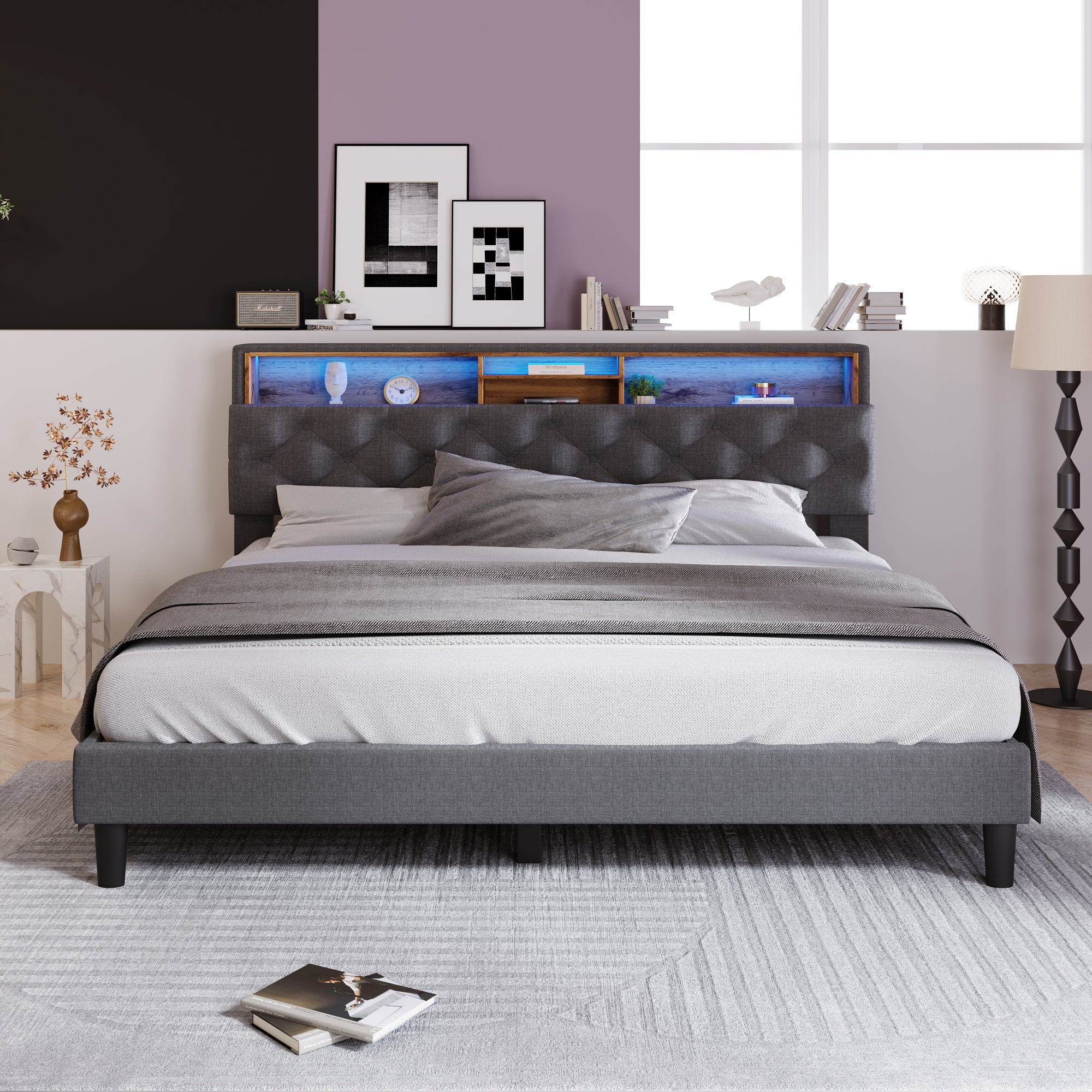 Logidon gestoffeerd tweepersoonsbed met opbergruimte hoofdbord LED grijs 140x200