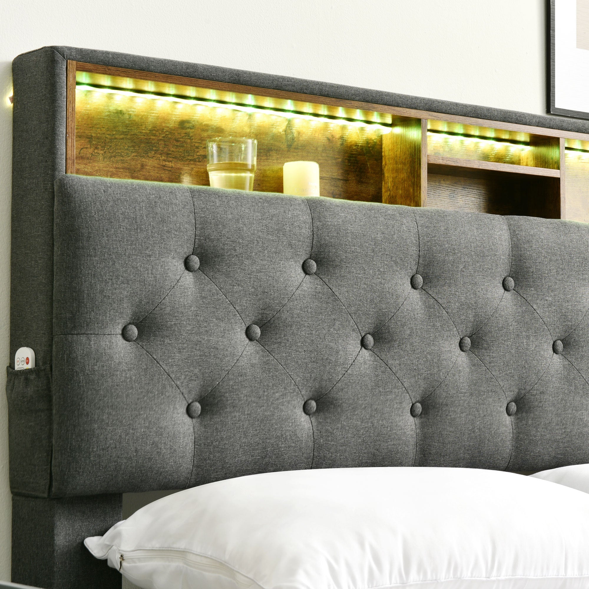 Logidon gestoffeerd tweepersoonsbed met opbergruimte hoofdbord LED grijs 140x200