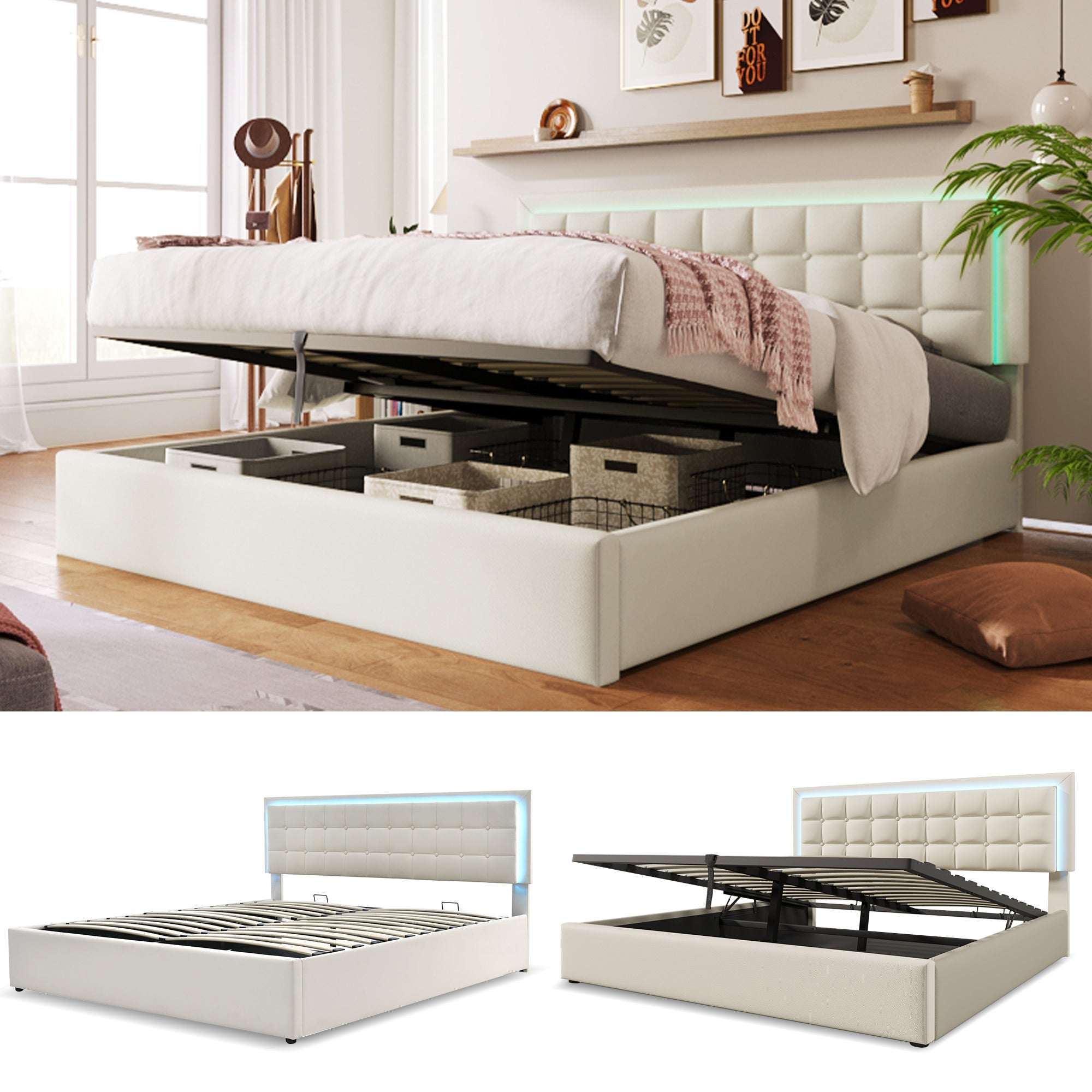 Logidon gestoffeerd bed met lattenbodem en opbergruimte wit 180x200 kunstleer