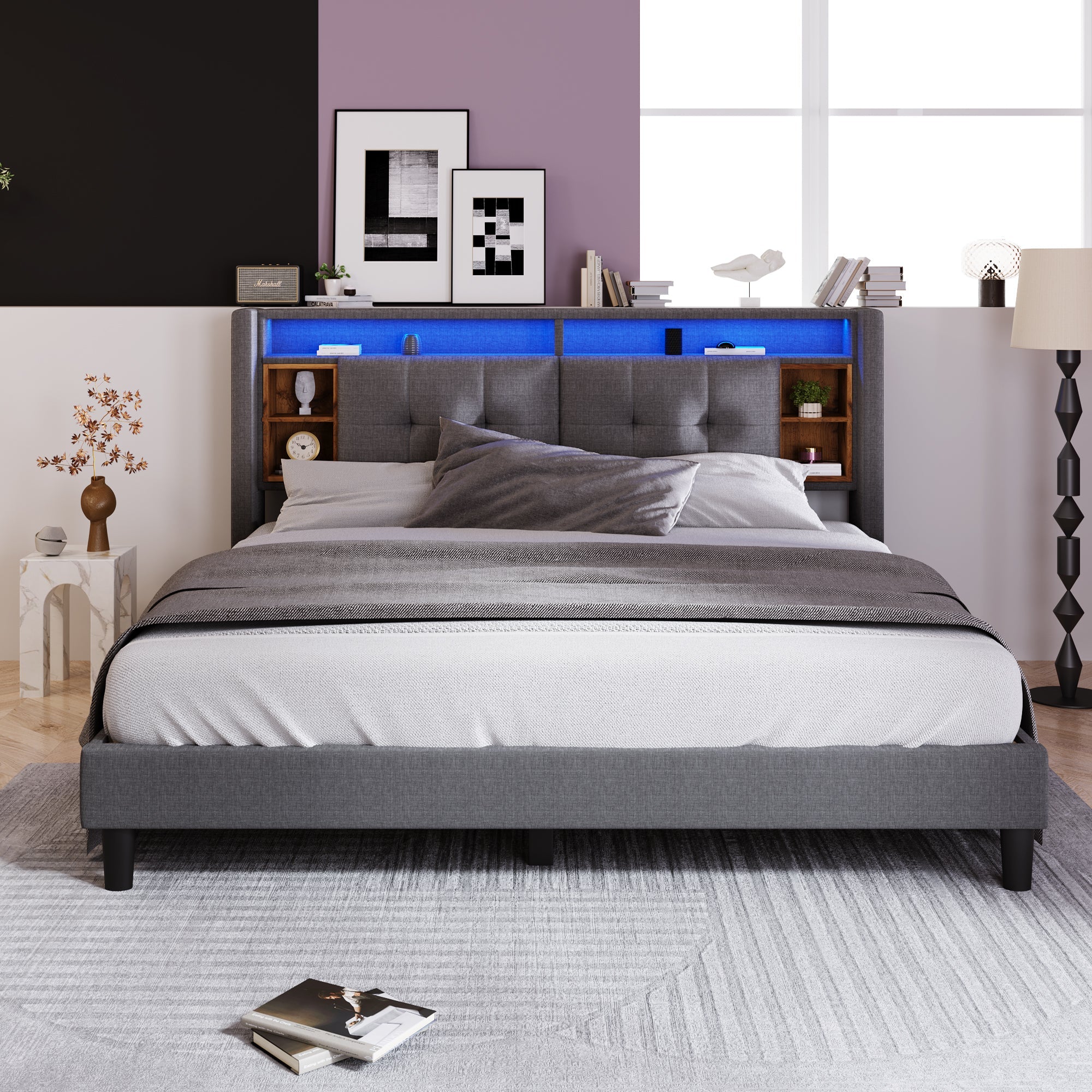 Logidon upholstered bed 160x200 gray double bed storage space headboard USB LED