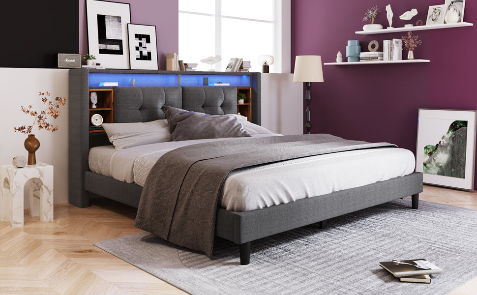 Logidon gestoffeerd bed tweepersoonsbed opbergruimte hoofdbord USB LED grijs 140x200