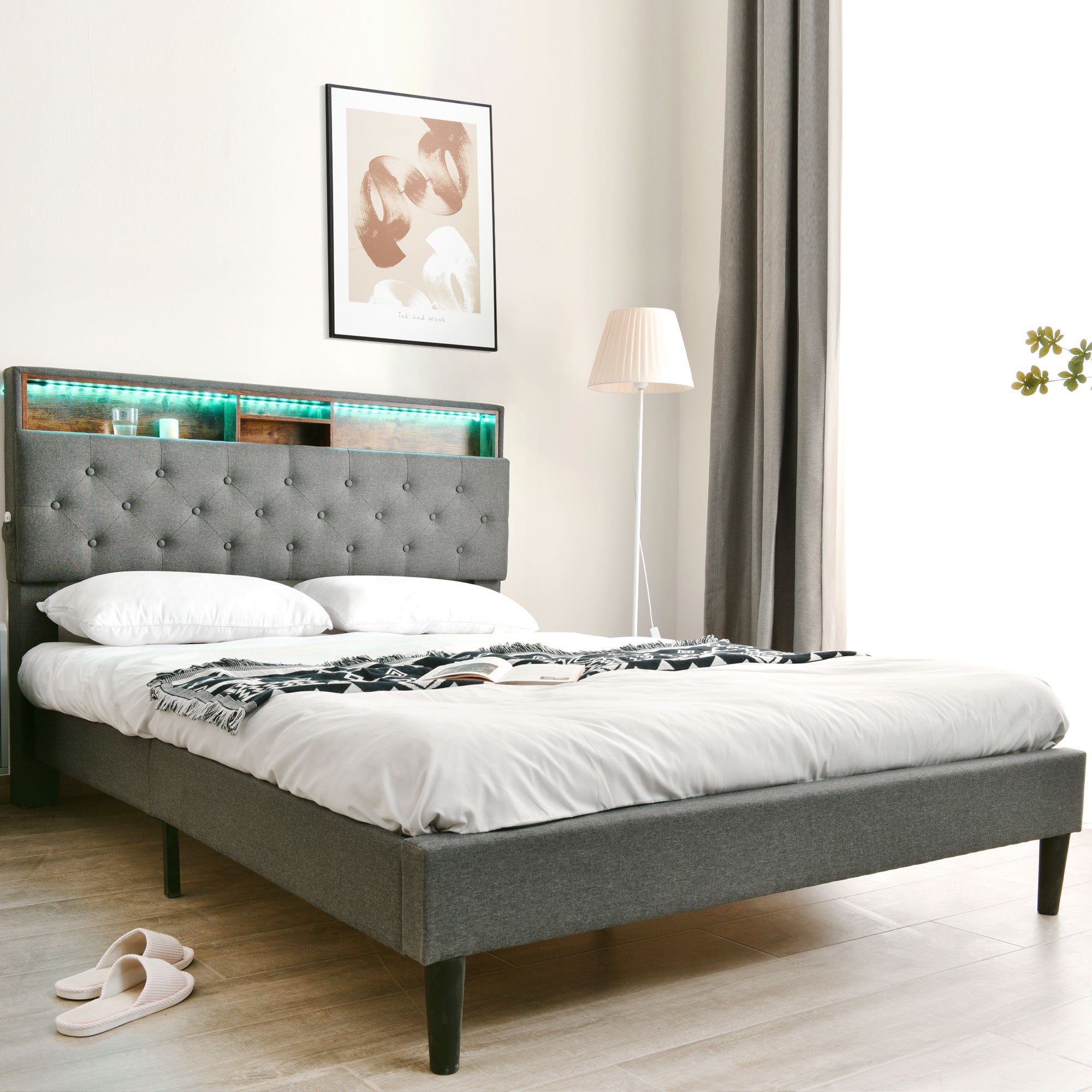 Logidon gestoffeerd tweepersoonsbed met opbergruimte hoofdbord LED grijs 140x200
