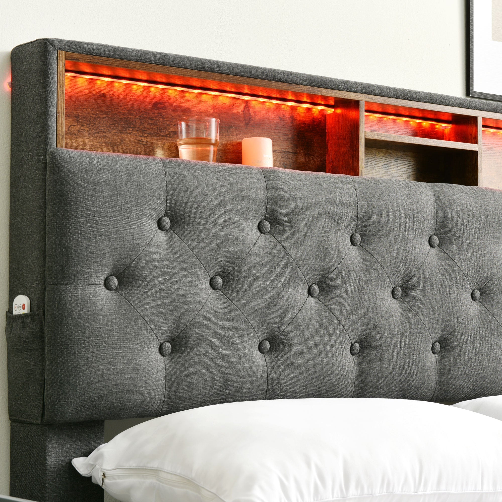Logidon gestoffeerd tweepersoonsbed met opbergruimte hoofdbord LED grijs 140x200