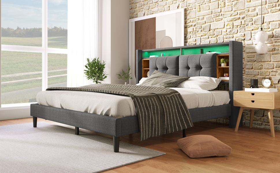 Logidon upholstered bed 160x200 gray double bed storage space headboard USB LED