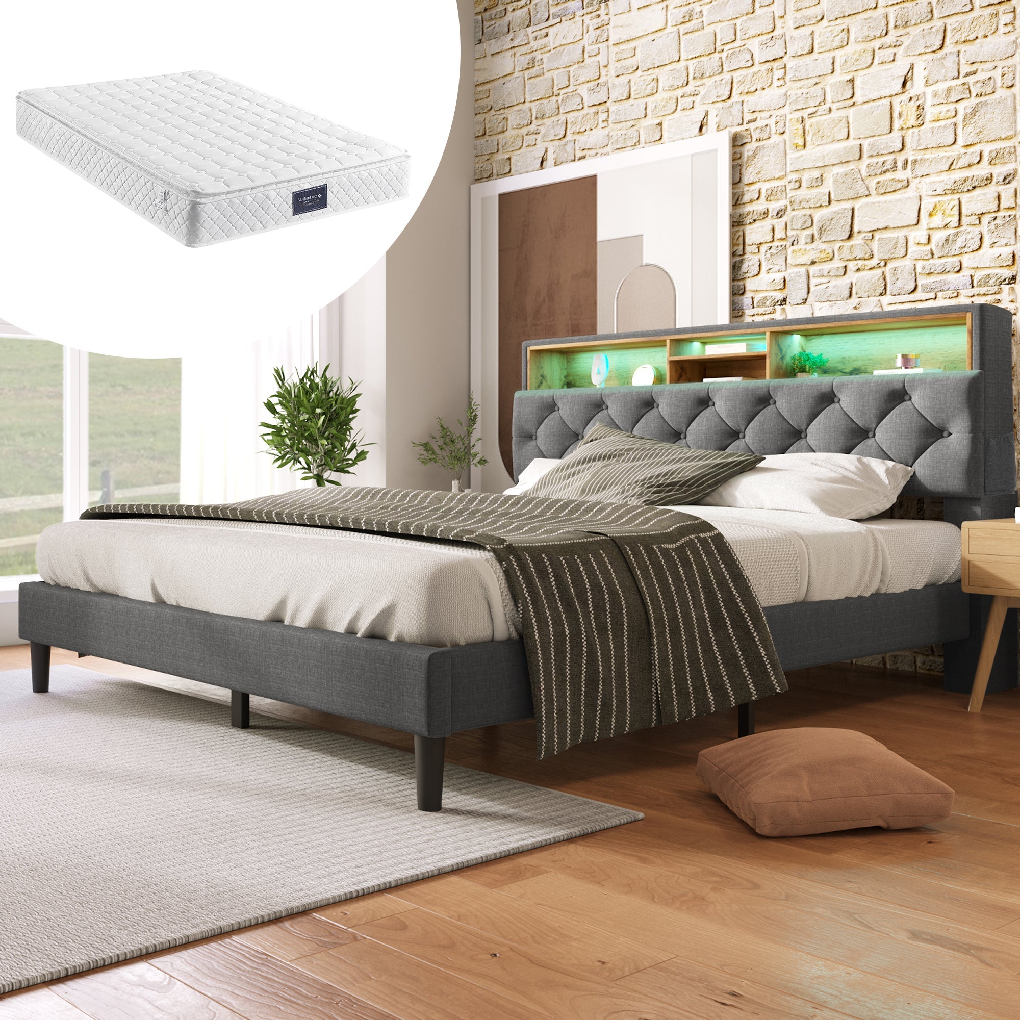 Logidon upholstered bed double bed with storage space headboard LED gray 140x200