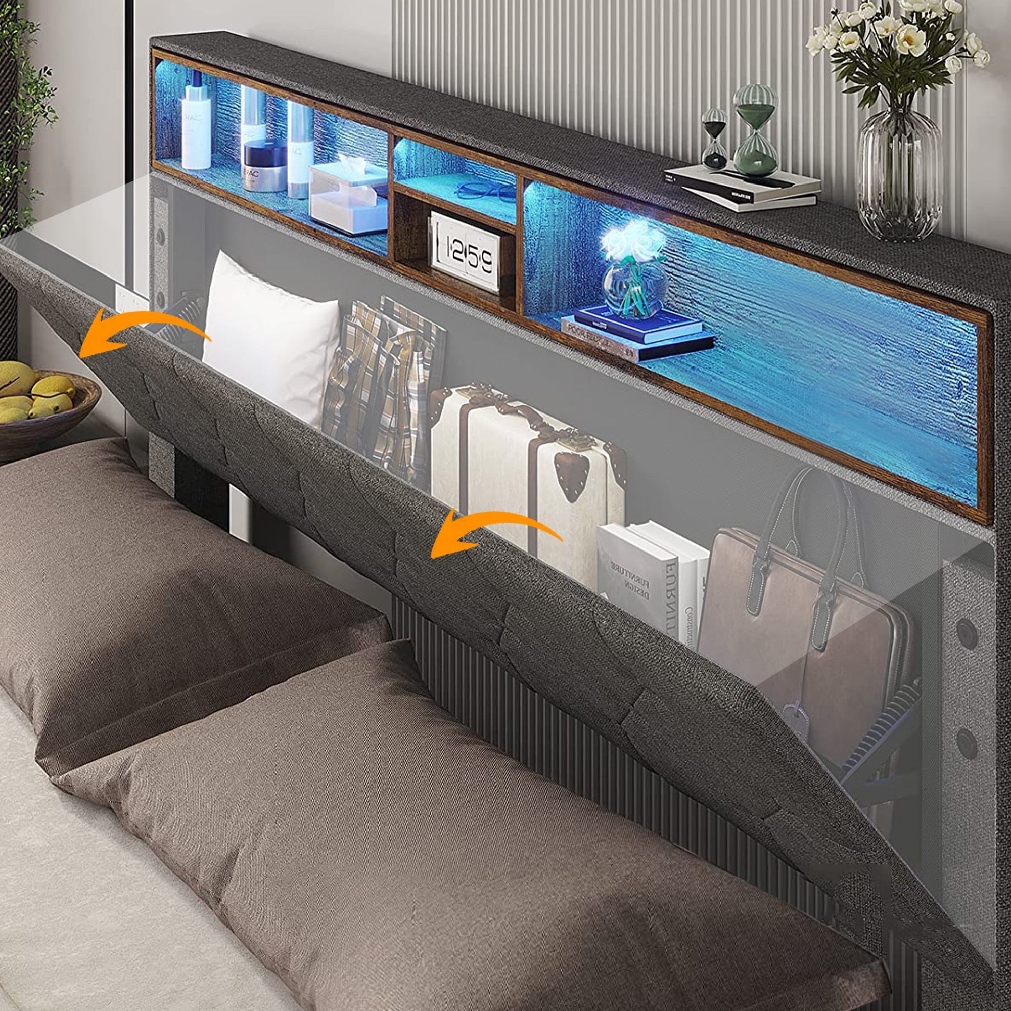 Logidon gestoffeerd tweepersoonsbed met opbergruimte hoofdbord LED grijs 140x200