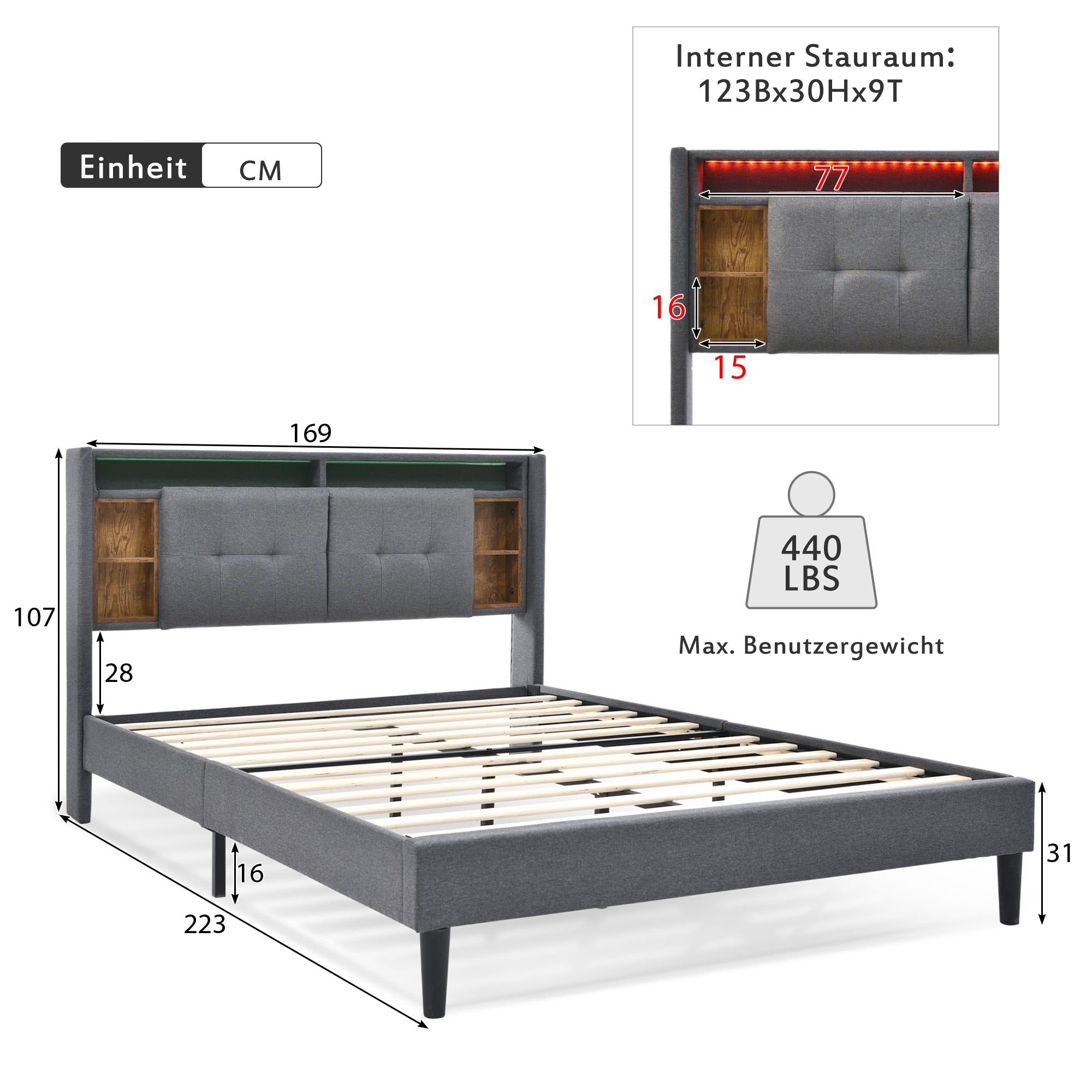 Logidon gestoffeerd bed 160x200 grijs tweepersoonsbed opbergruimte hoofdbord USB LED