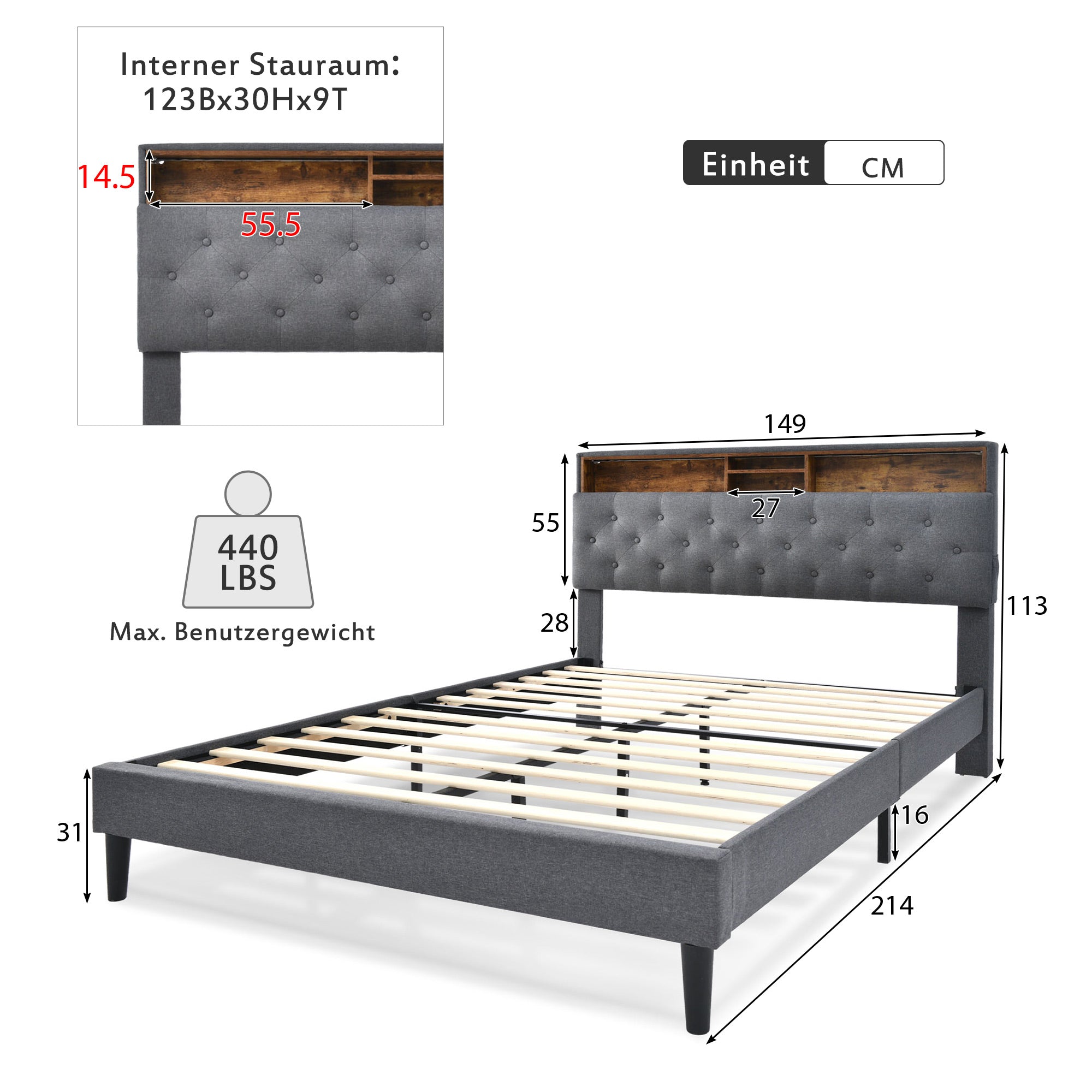 Logidon gestoffeerd tweepersoonsbed met opbergruimte hoofdbord LED grijs 140x200