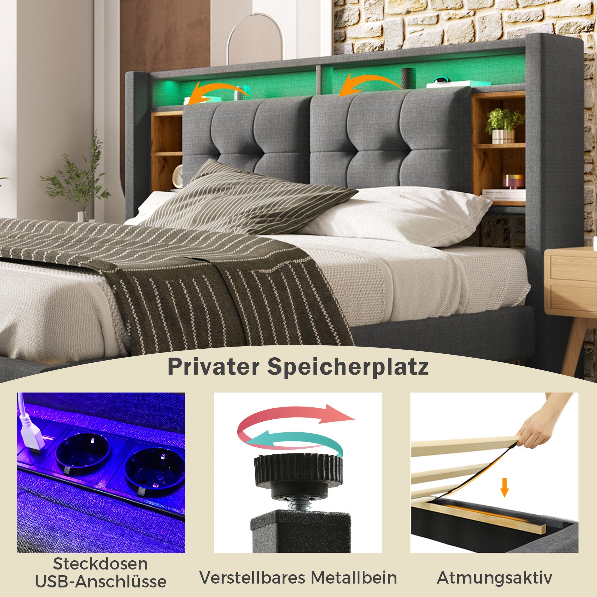 Logidon gestoffeerd bed tweepersoonsbed opbergruimte hoofdbord USB LED grijs 160x200