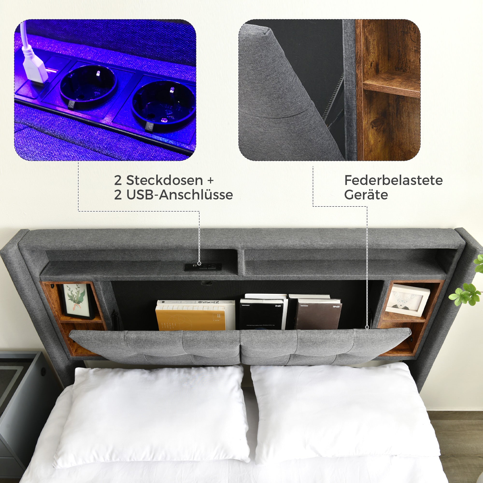 Logidon gestoffeerd bed tweepersoonsbed opbergruimte hoofdbord USB LED grijs 140x200