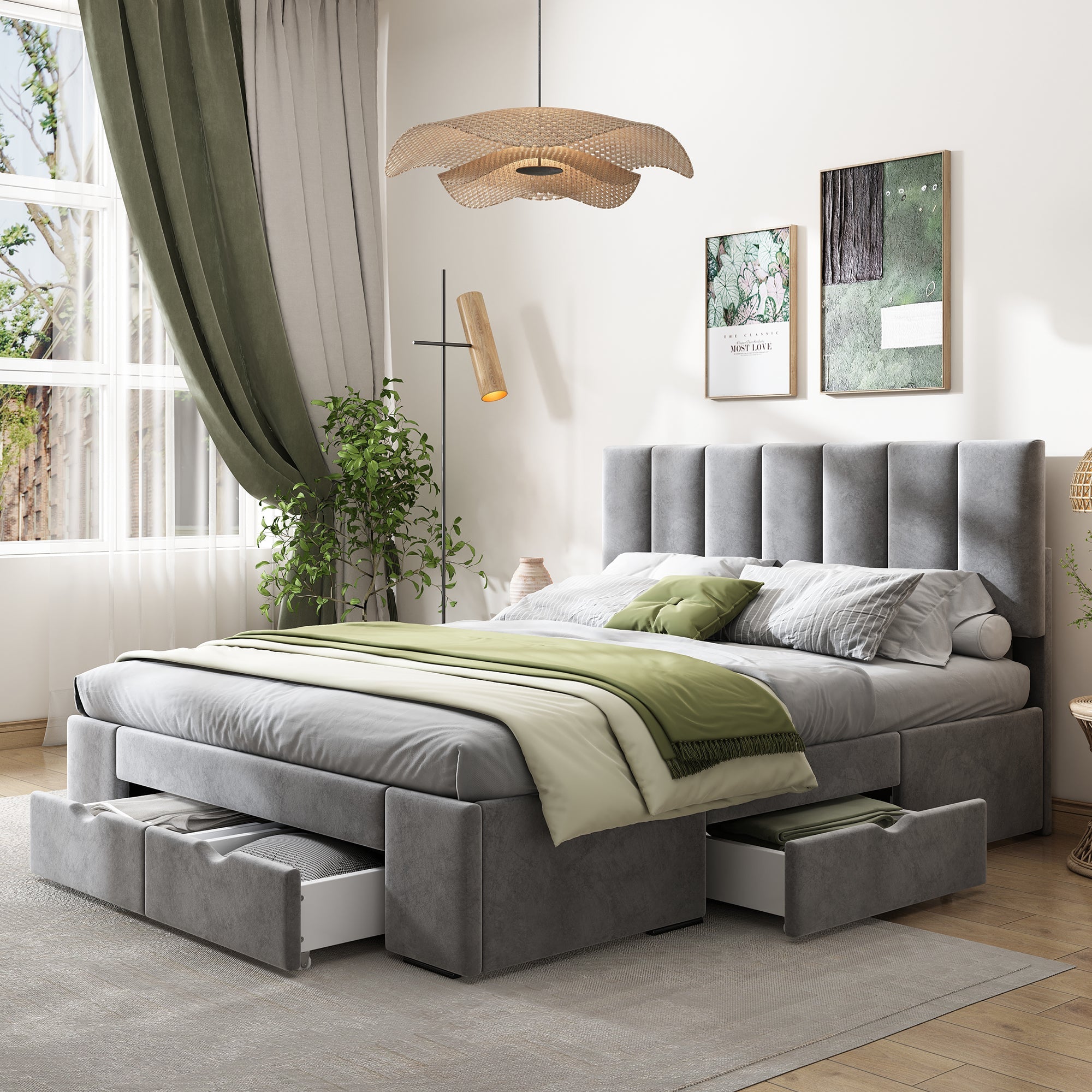 Logidon gestoffeerd bed 140x200 cm fluweelgrijs met lattenbodem 4 lades