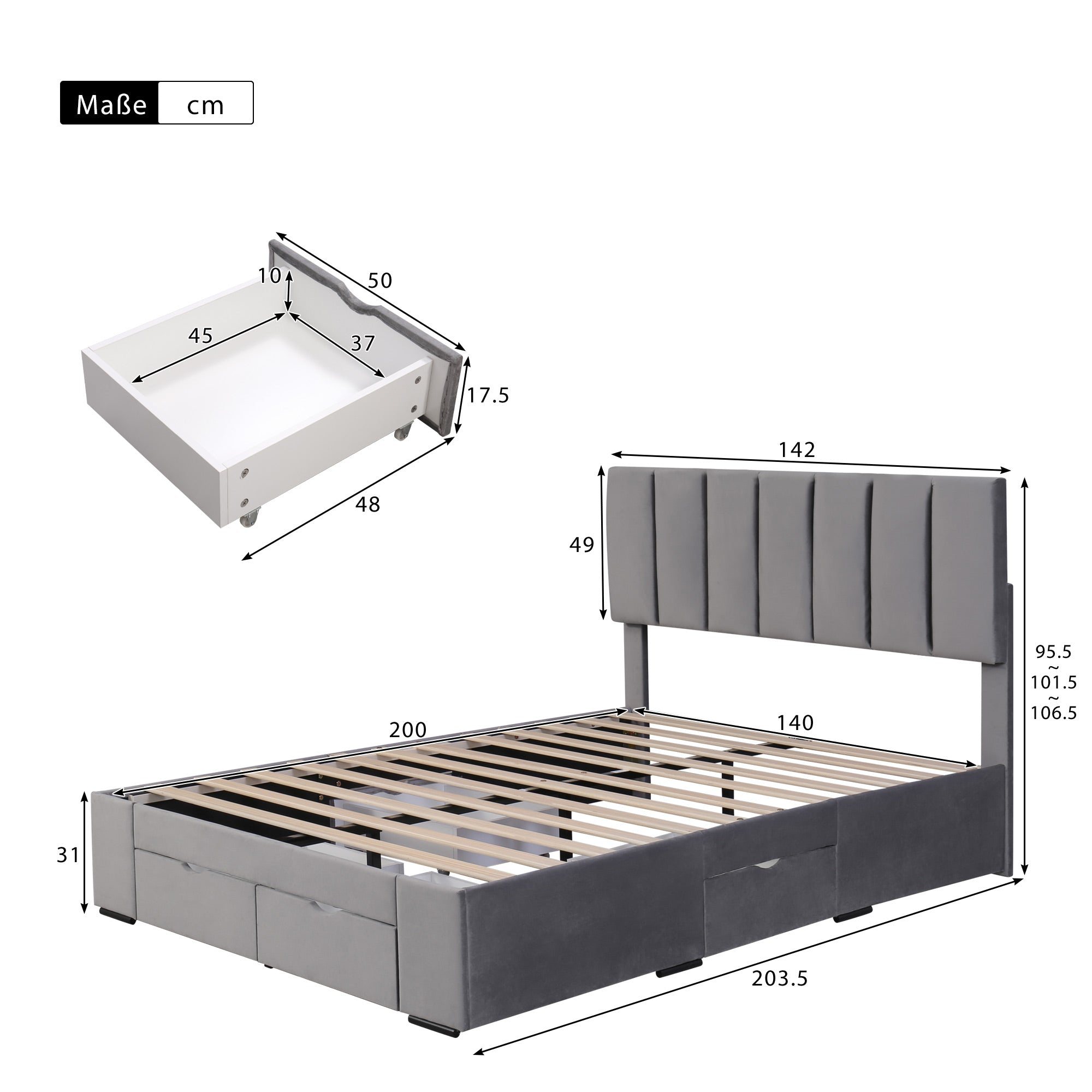 Logidon gestoffeerd bed 140x200 cm fluweelgrijs met lattenbodem 4 lades
