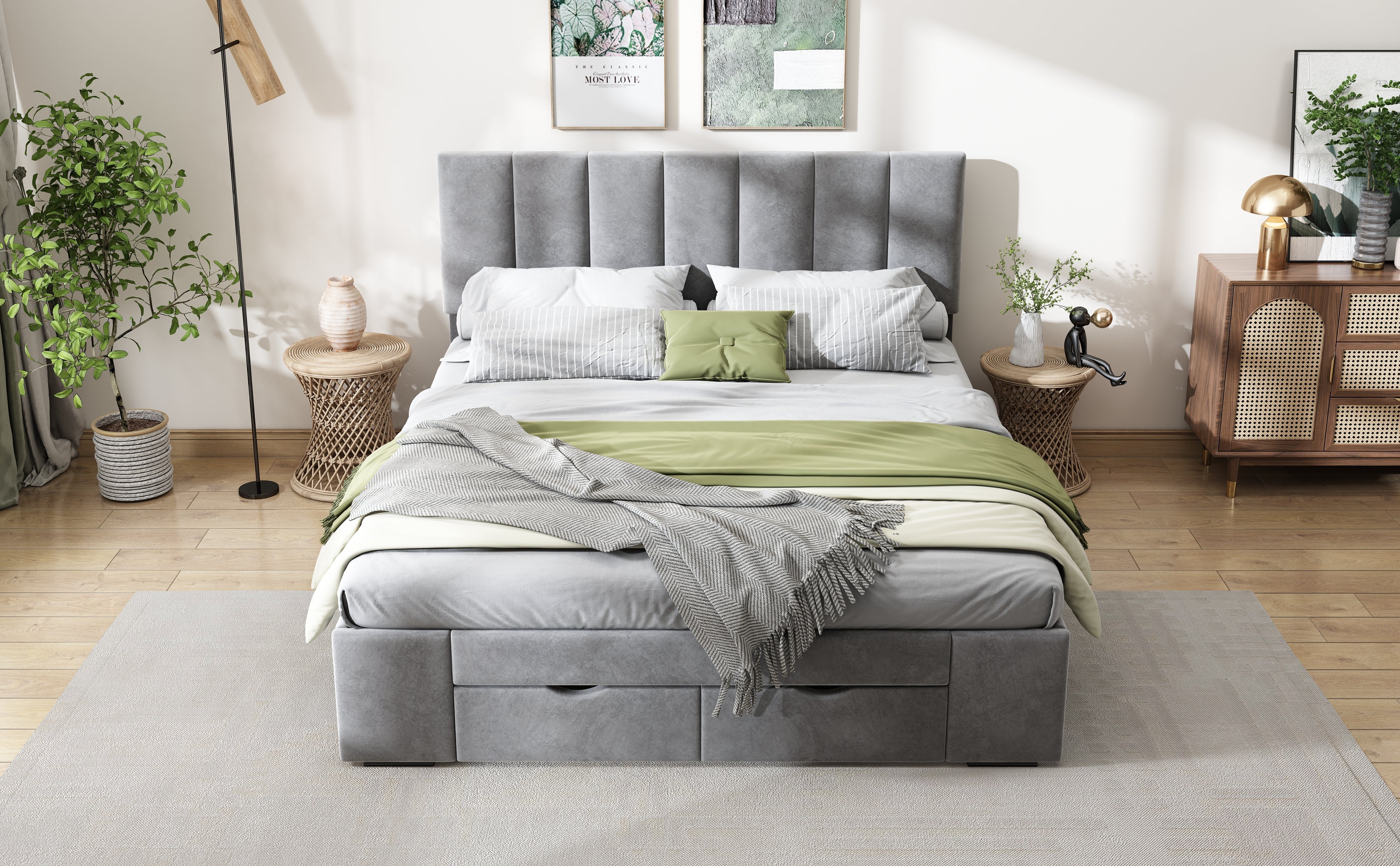 Logidon gestoffeerd bed 140x200 cm fluweelgrijs met lattenbodem 4 lades