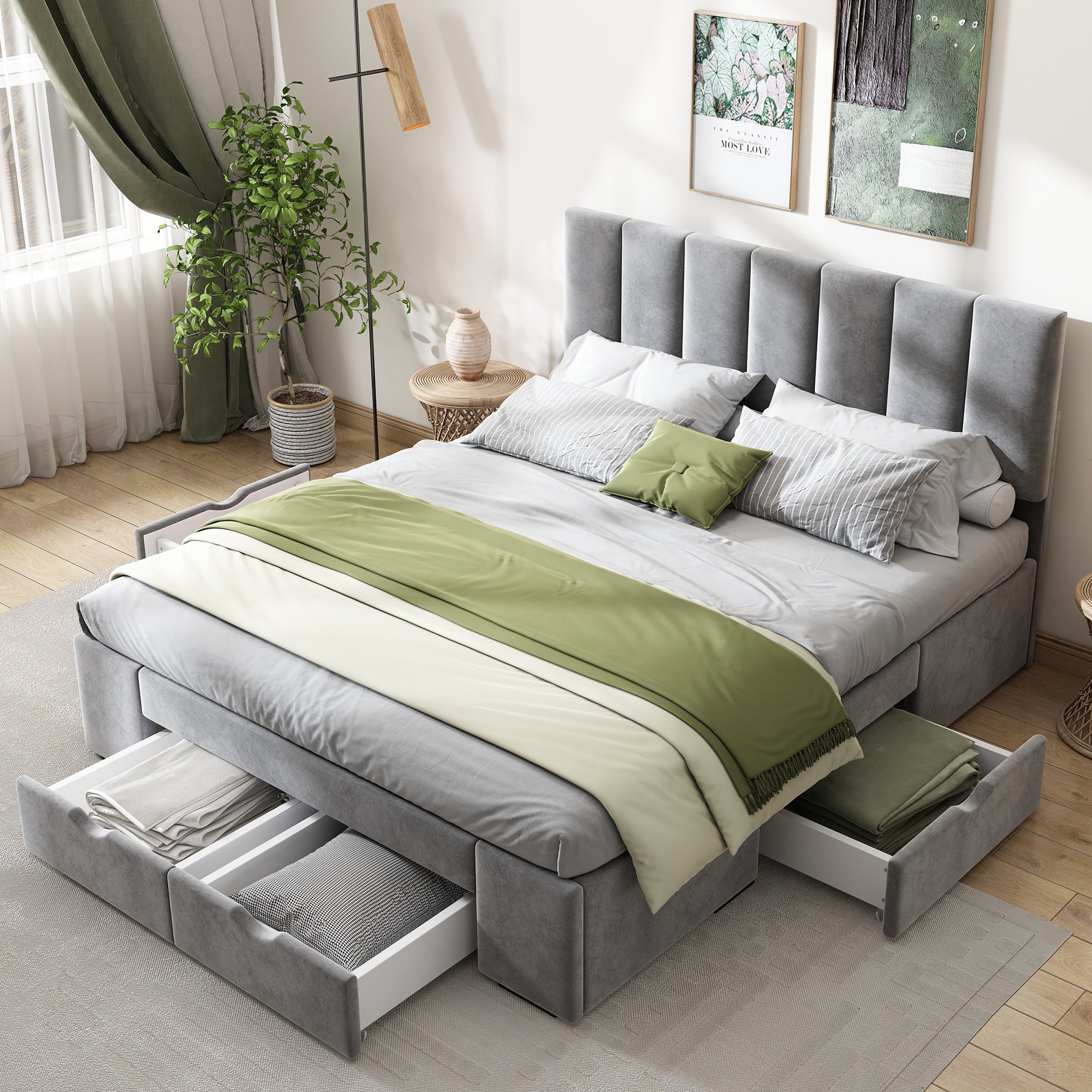 Logidon gestoffeerd bed 140x200 cm fluweelgrijs met lattenbodem 4 lades