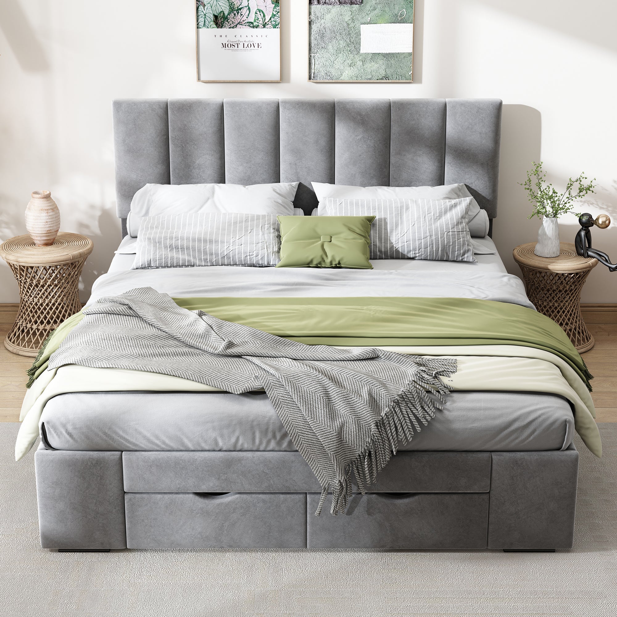 Logidon gestoffeerd bed 140x200 cm fluweelgrijs met lattenbodem 4 lades