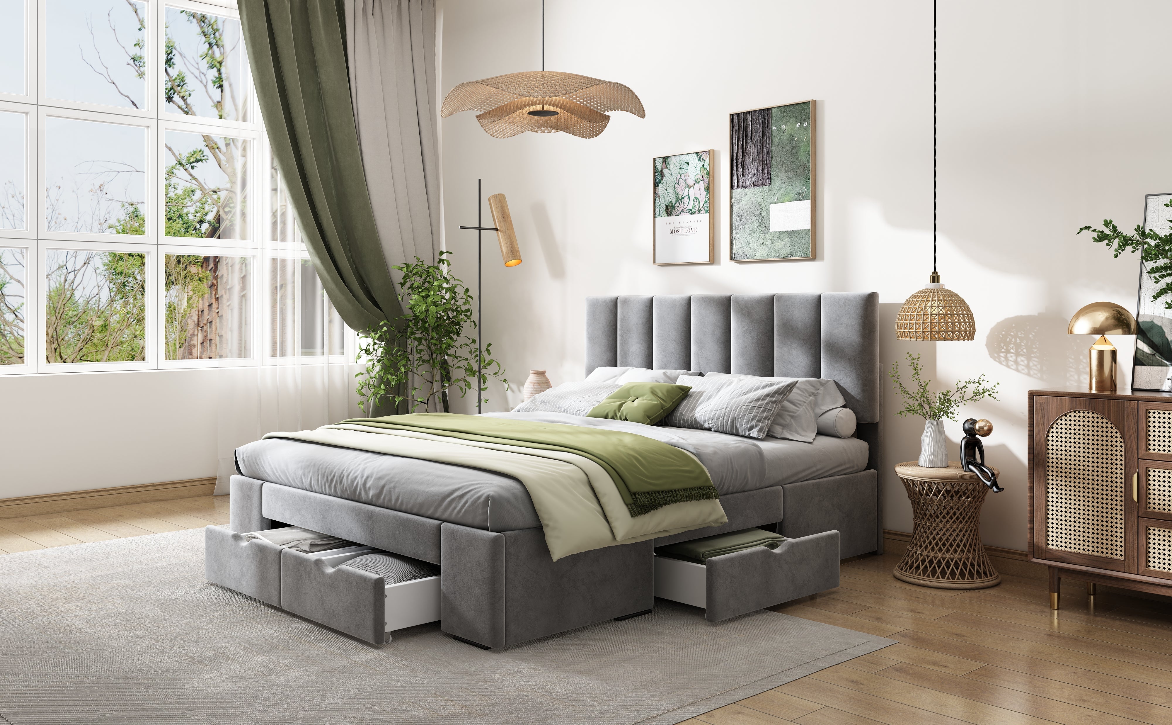 Logidon gestoffeerd bed 140x200 cm fluweelgrijs met lattenbodem 4 lades