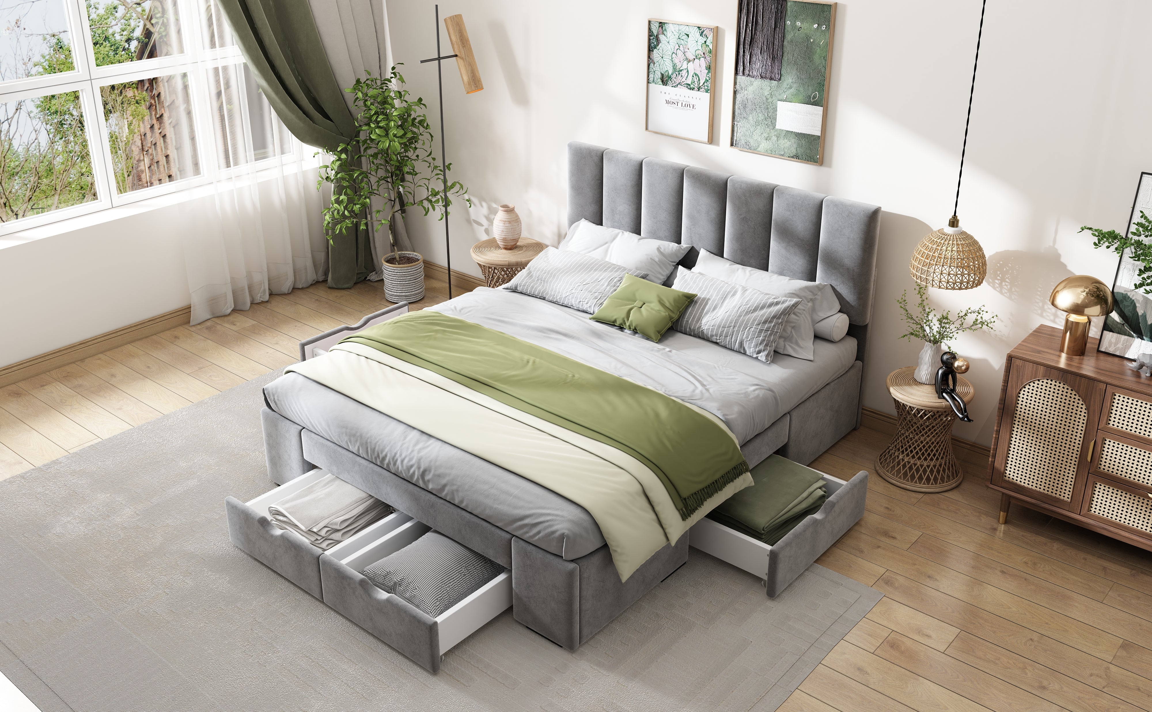 Logidon gestoffeerd bed 140x200 cm fluweelgrijs met lattenbodem 4 lades